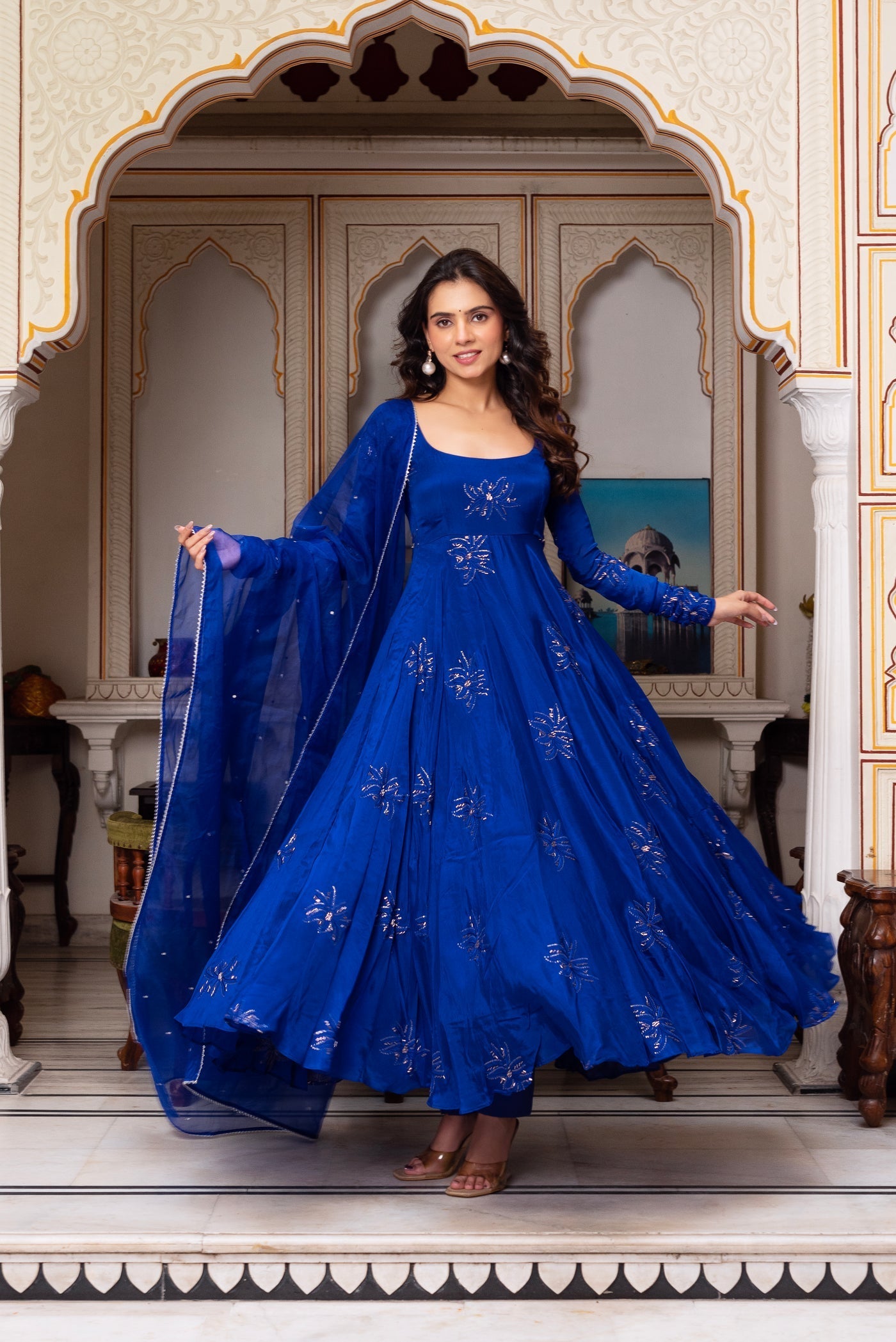 Festival Wear Blue Color Faux Georgette Thred & Sequnce Embroidered Work Anarkali Suit Set