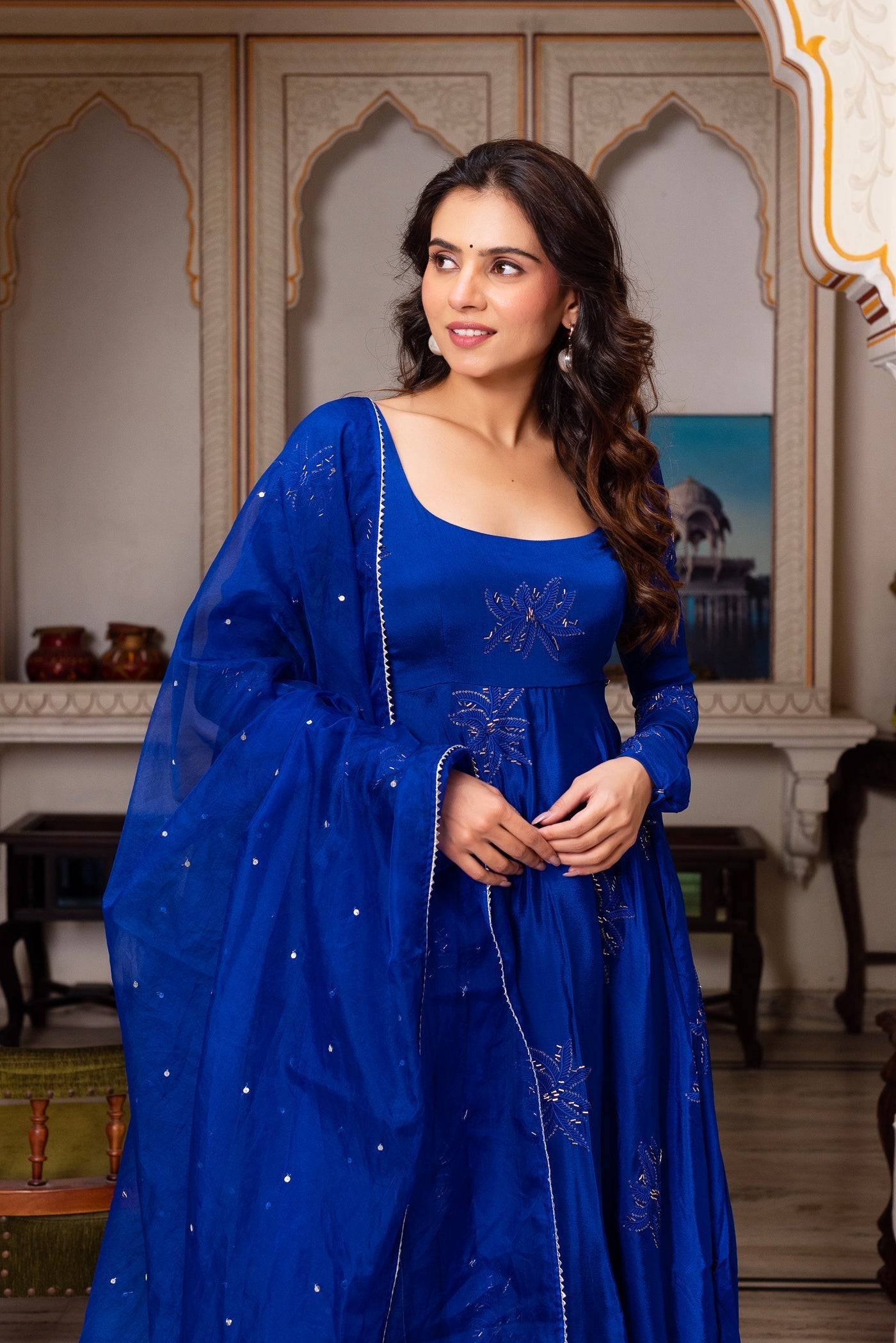 Festival Wear Blue Color Faux Georgette Thred & Sequnce Embroidered Work Anarkali Suit Set