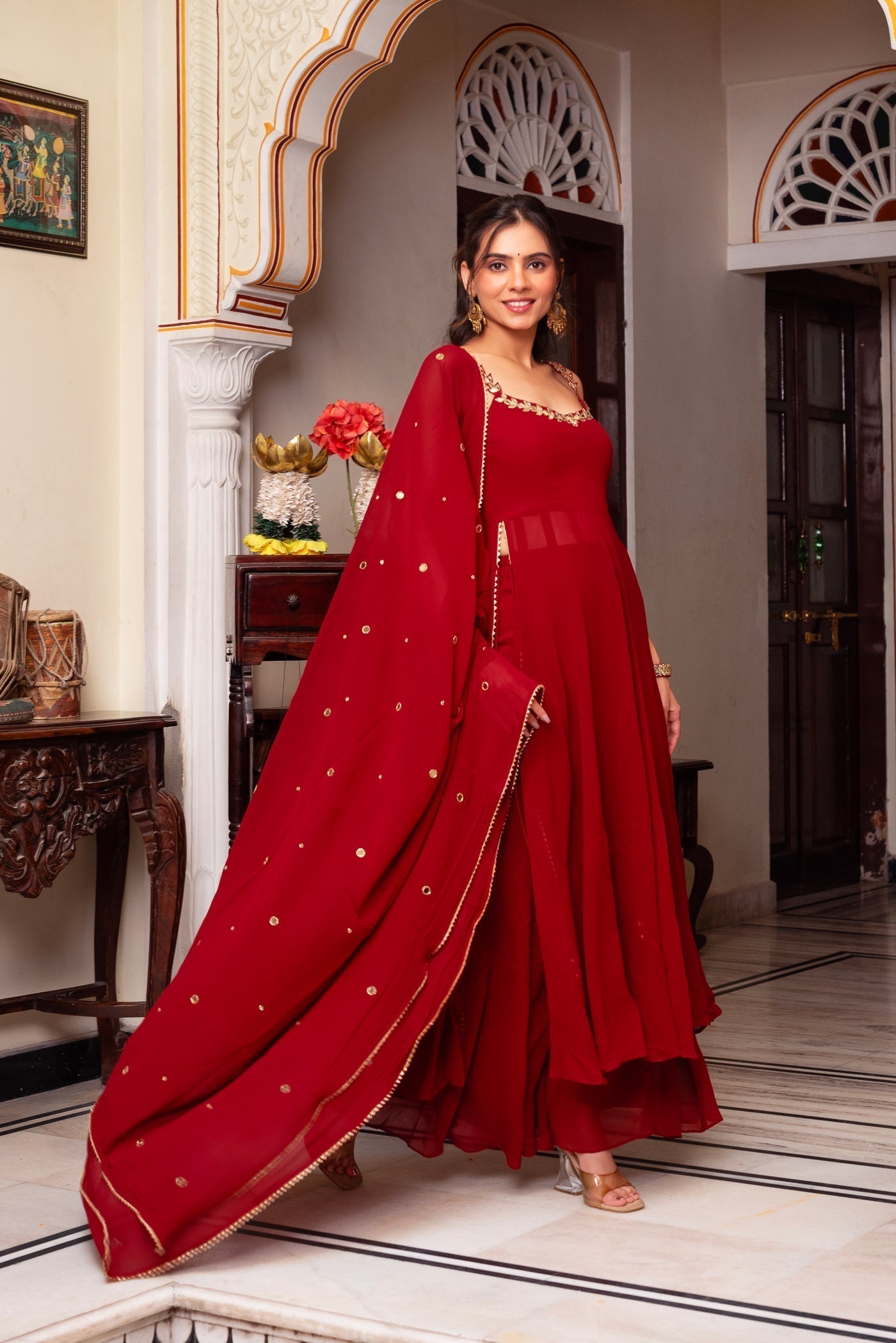 Stylish Red Hand Mirror Work Anarkali Set