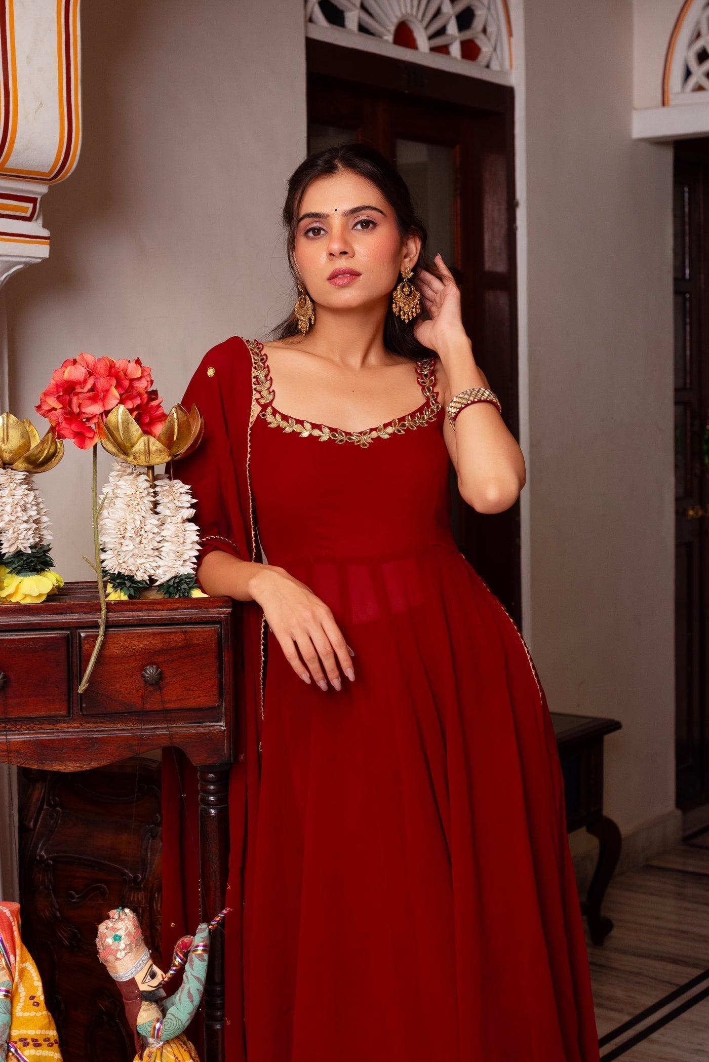 Stylish Red Hand Mirror Work Anarkali Set