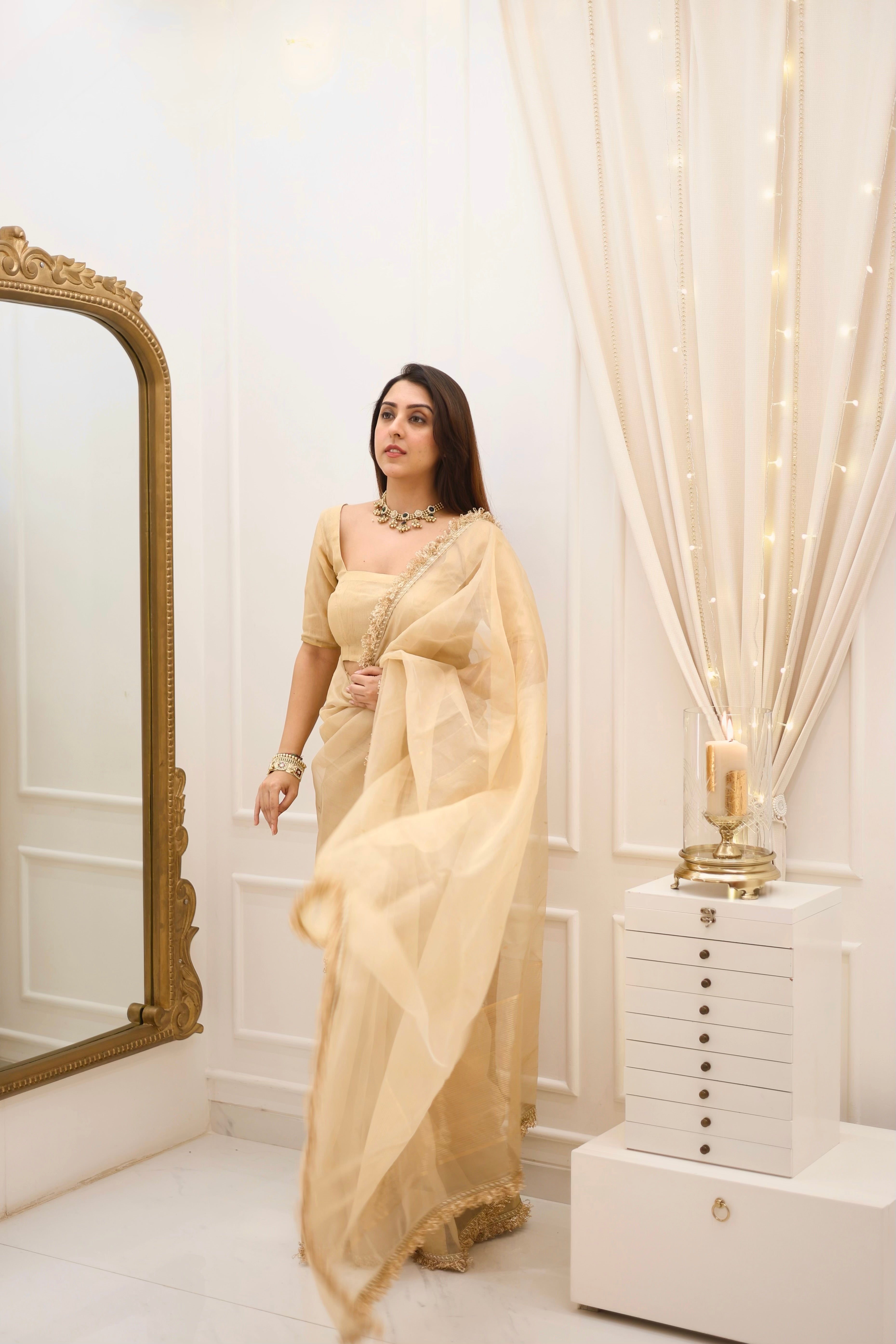 Gold Shimmer Saree with Matching Blouse – Elegant Party Wear