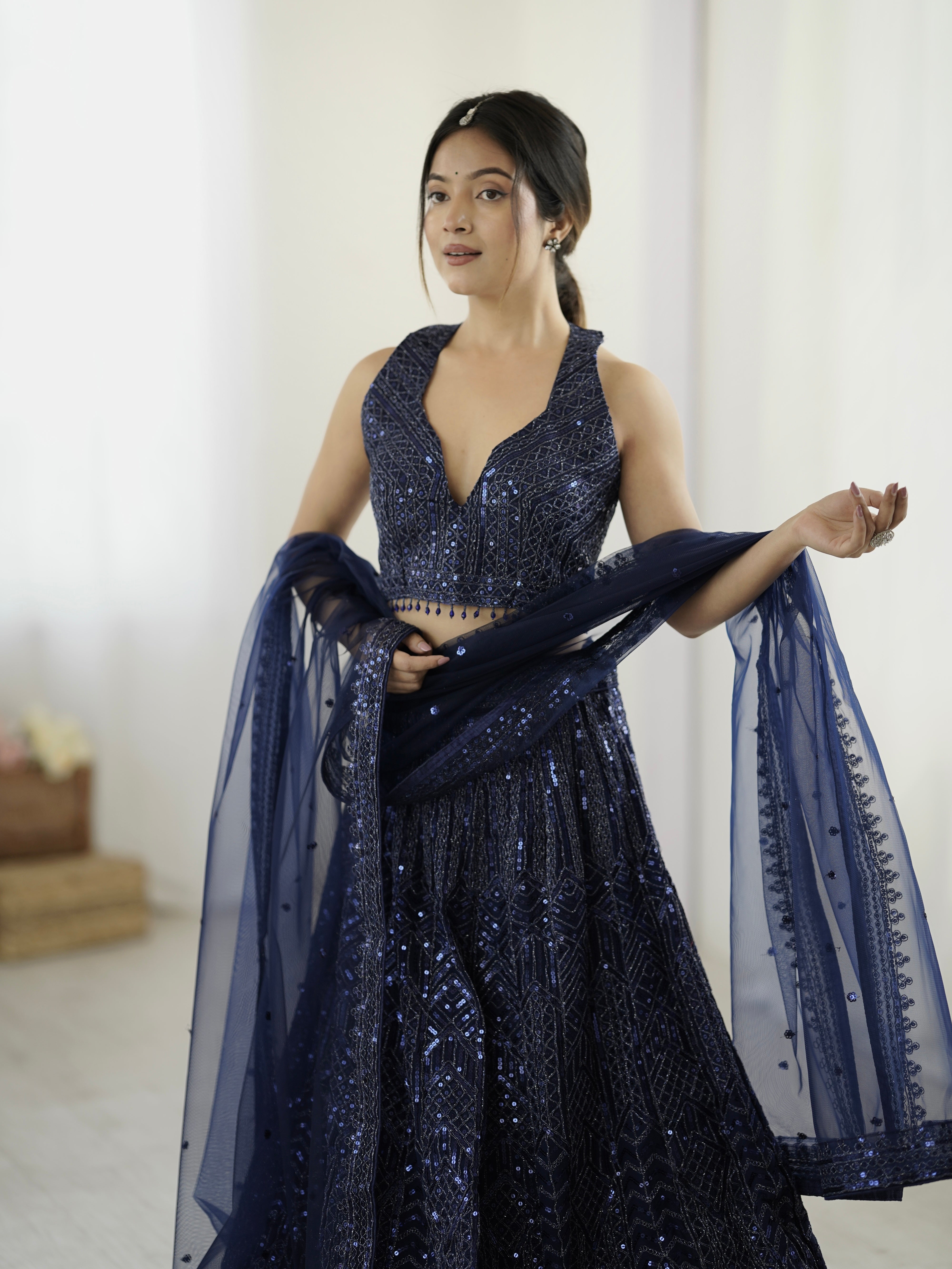 Amazing Navy Blue Heavy Sequins Dori Worked Net Lehenga Choli