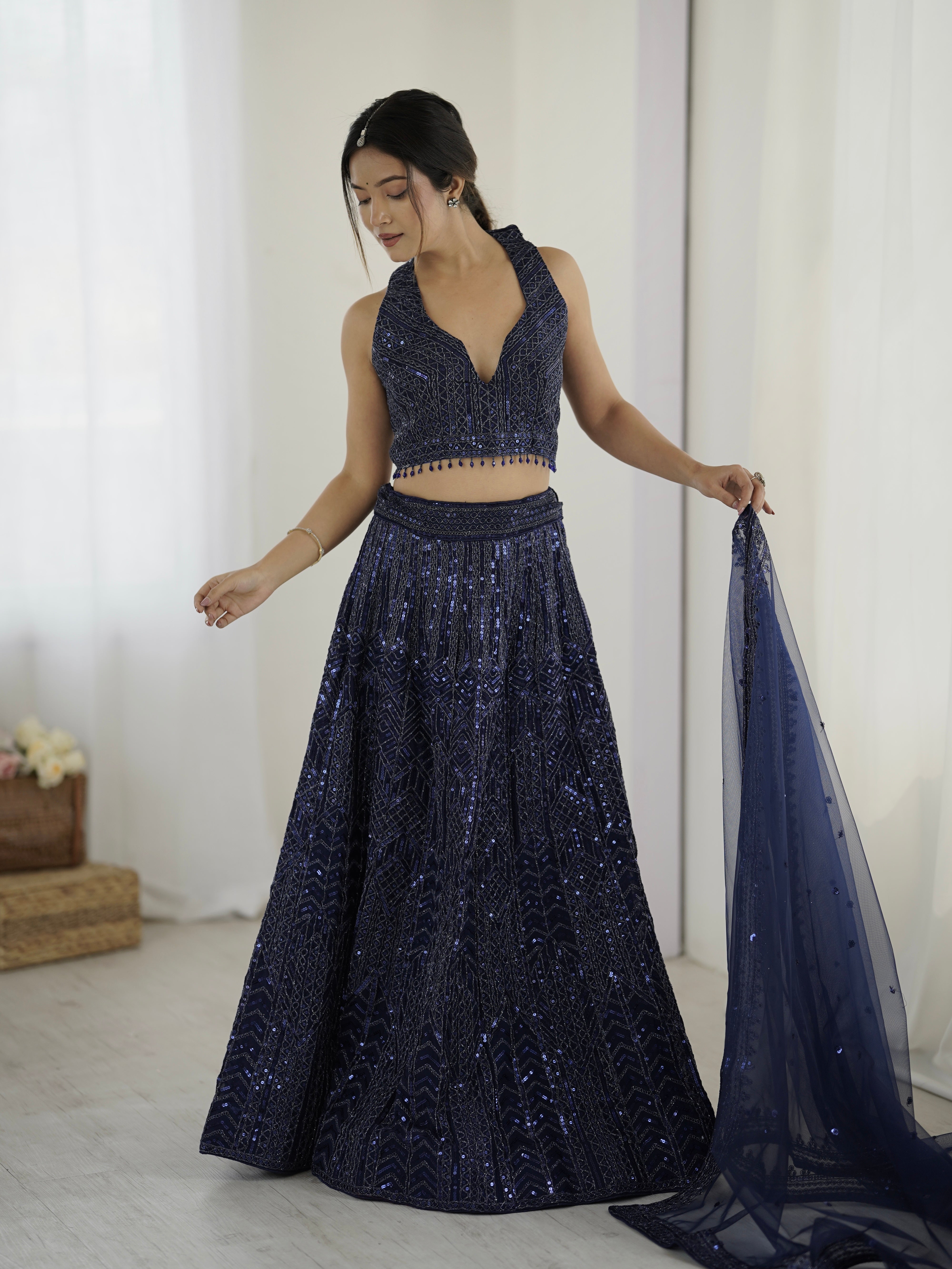 Amazing Navy Blue Heavy Sequins Dori Worked Net Lehenga Choli