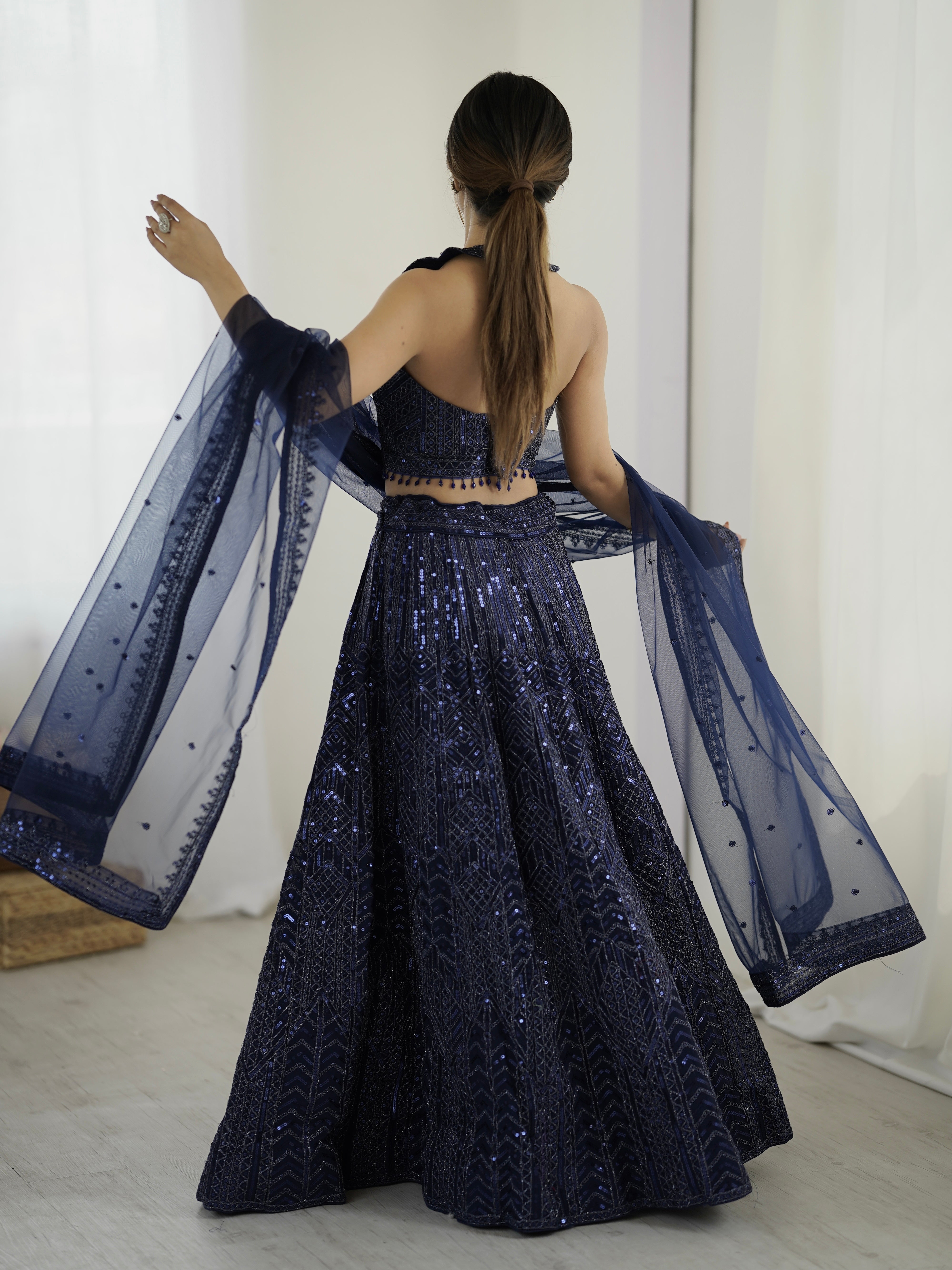 Amazing Navy Blue Heavy Sequins Dori Worked Net Lehenga Choli