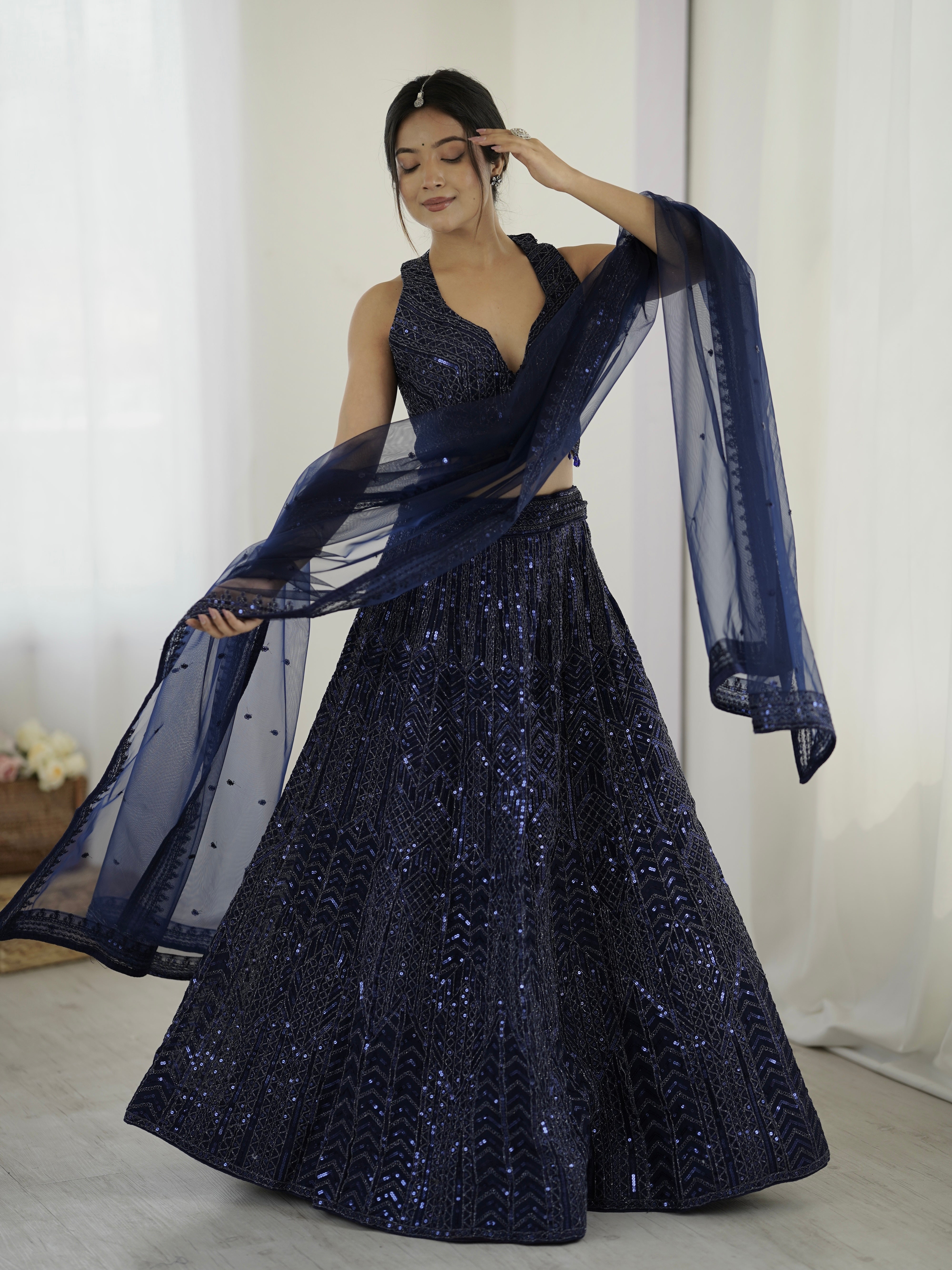 Amazing Navy Blue Heavy Sequins Dori Worked Net Lehenga Choli