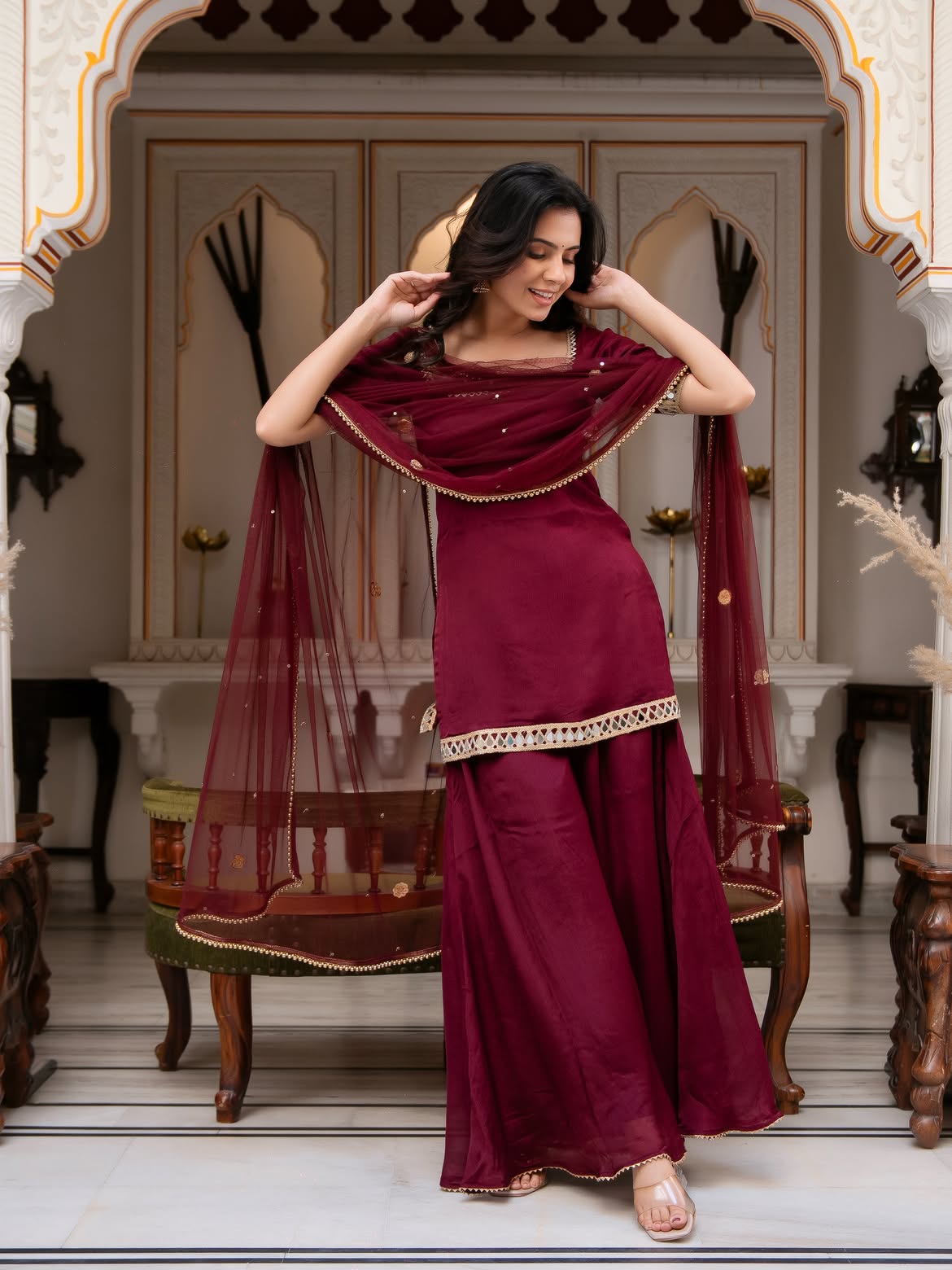 Festive Wear Wine Maroon Chinon Palazzo Suit Set with Soft Net Dupatta for Women