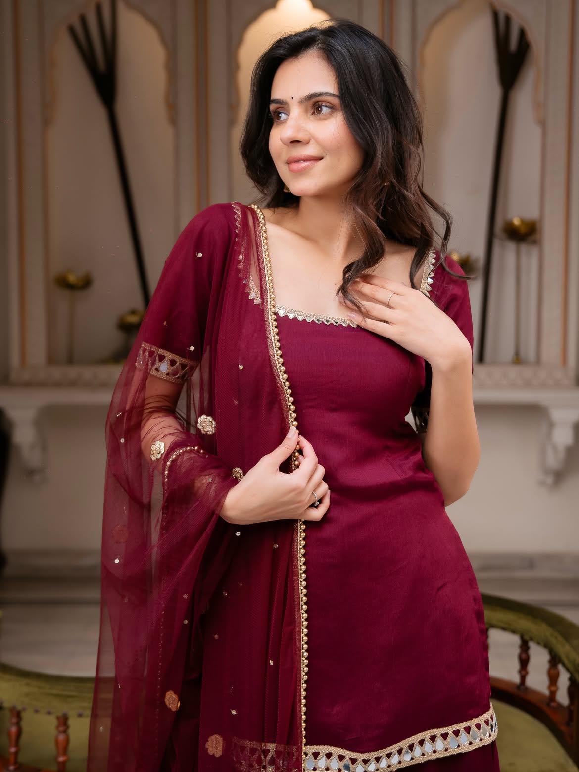 Festive Wear Wine Maroon Chinon Palazzo Suit Set with Soft Net Dupatta for Women