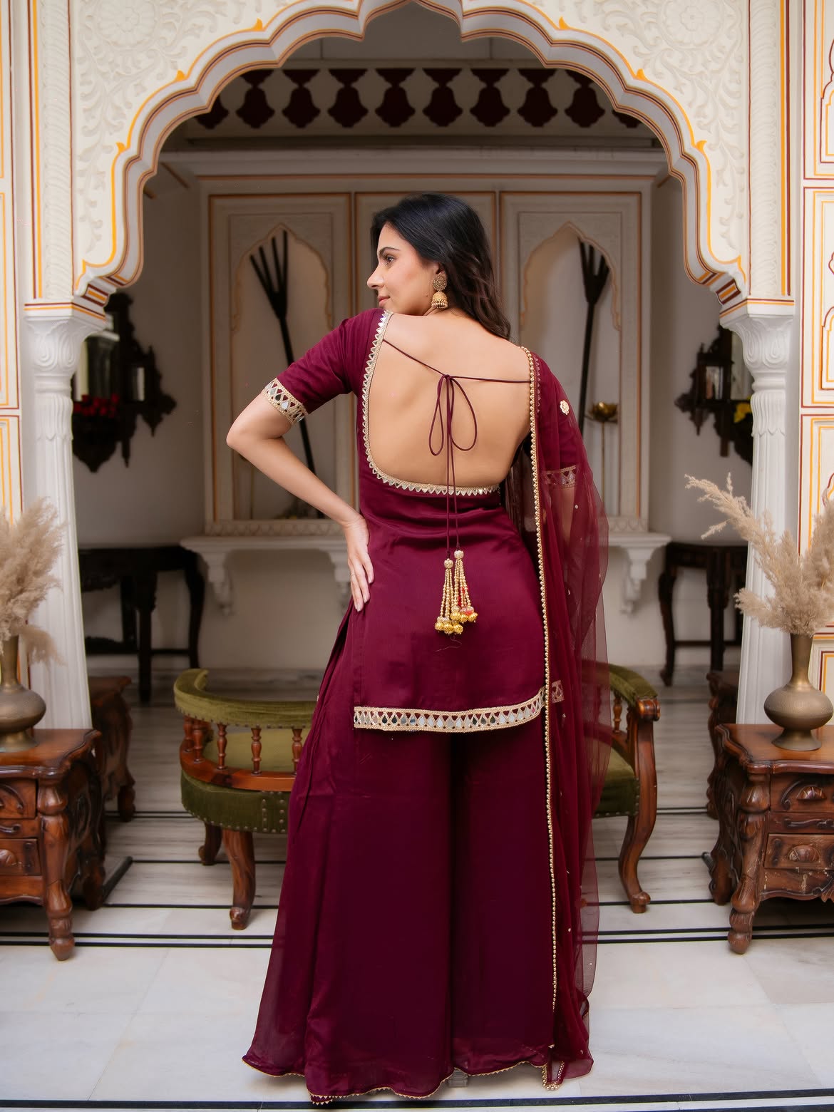 Festive Wear Wine Maroon Chinon Palazzo Suit Set with Soft Net Dupatta for Women