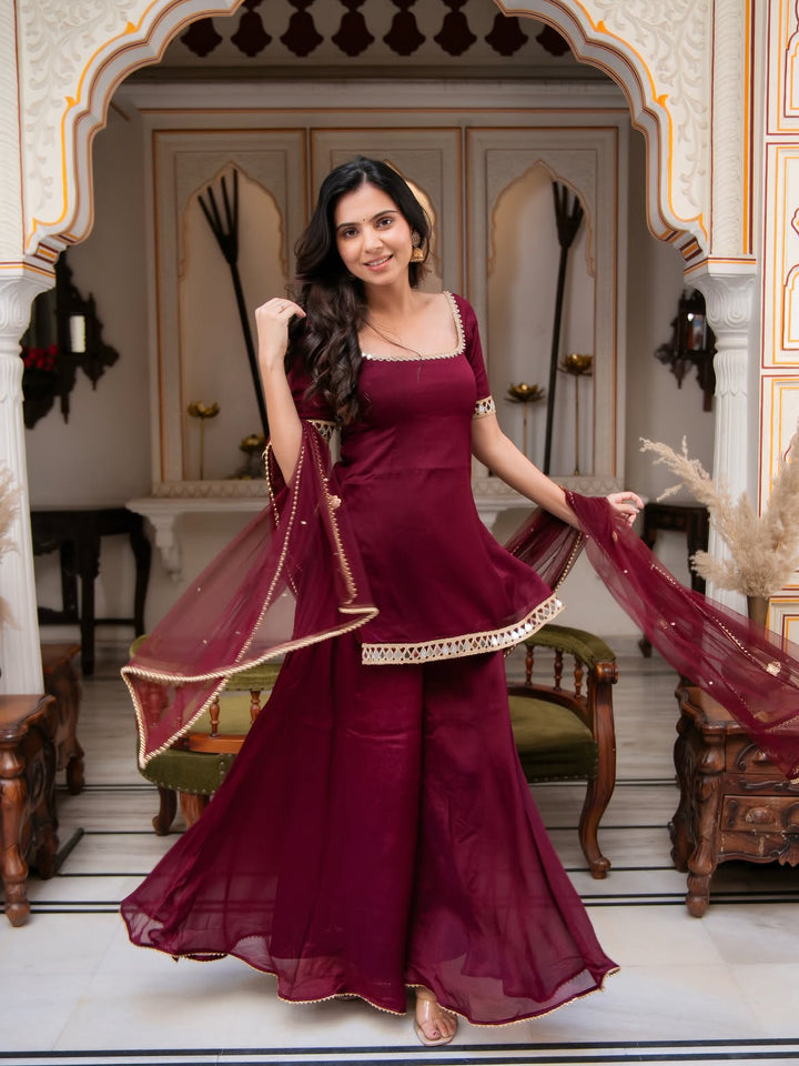 Festive Wear Wine Maroon Chinon Palazzo Suit Set with Soft Net Dupatta for Women