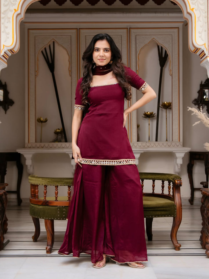 Festive Wear Wine Maroon Chinon Palazzo Suit Set with Soft Net Dupatta for Women
