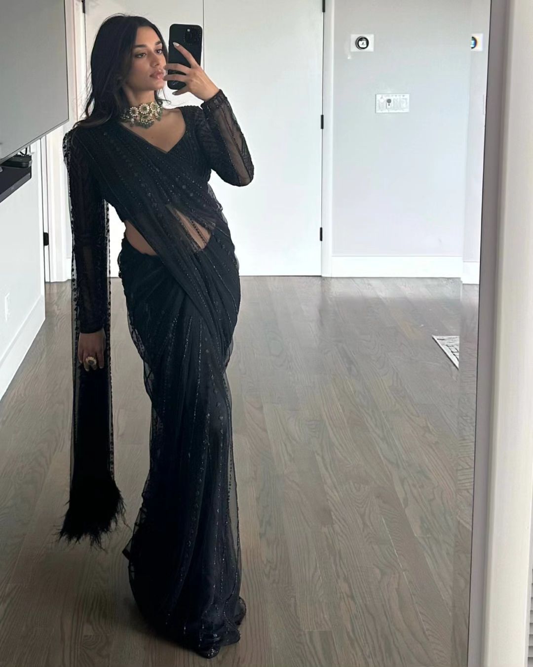 Reception Wear Embroidered Black Shimmery Saree