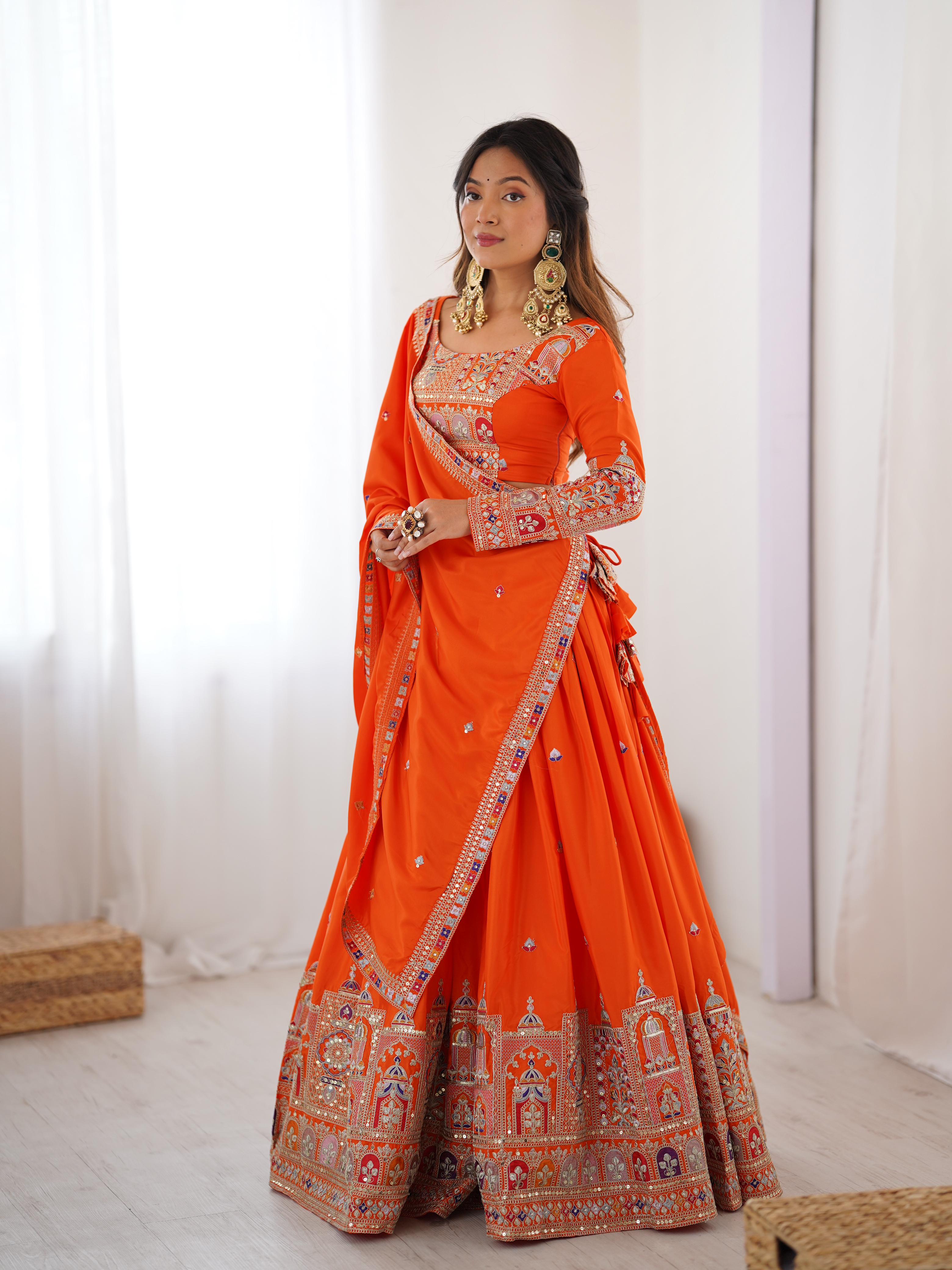Wedding Wear Orange Color Natural Crepe silk Lehenga Choli