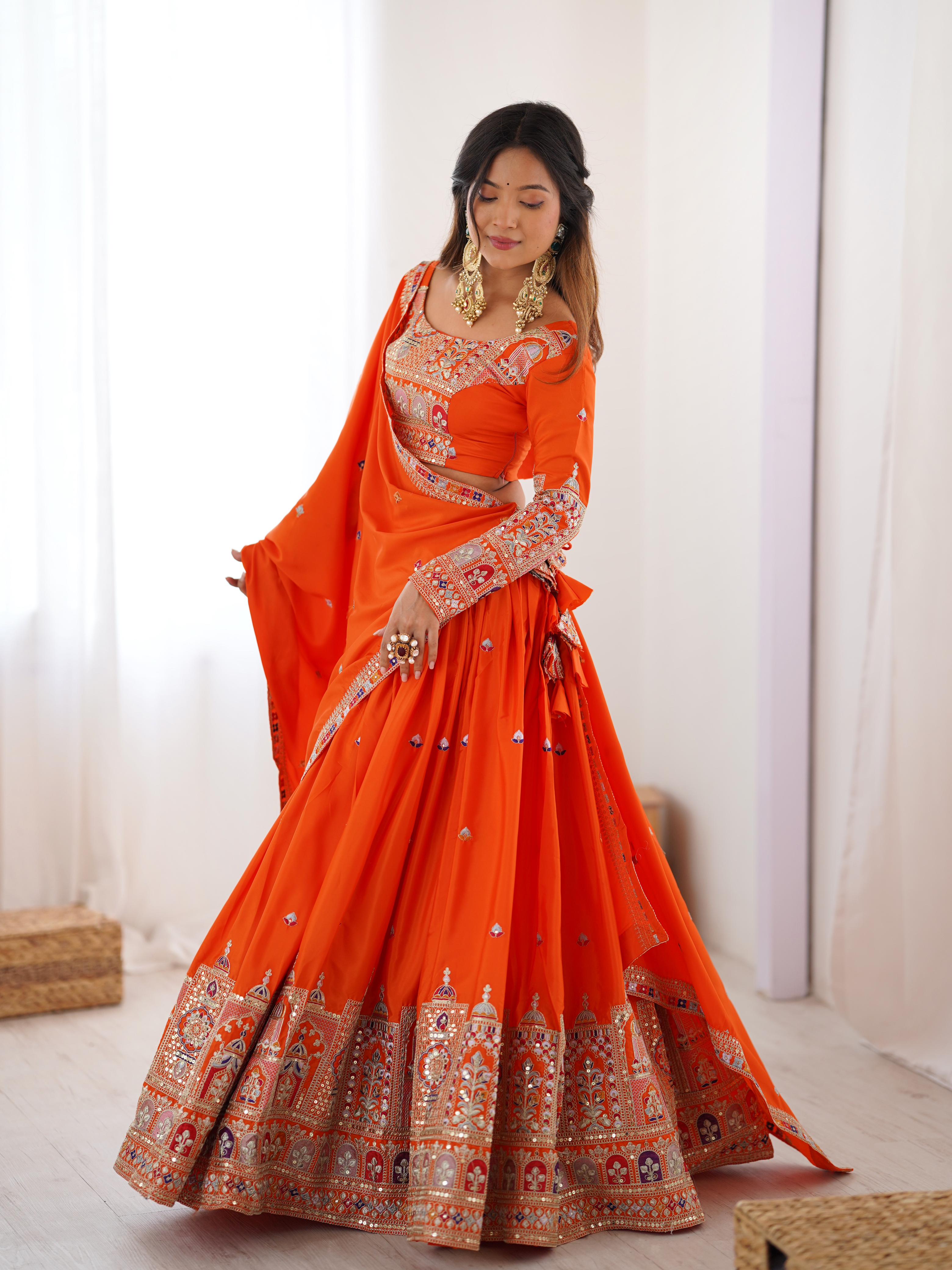 Wedding Wear Orange Color Natural Crepe silk Lehenga Choli