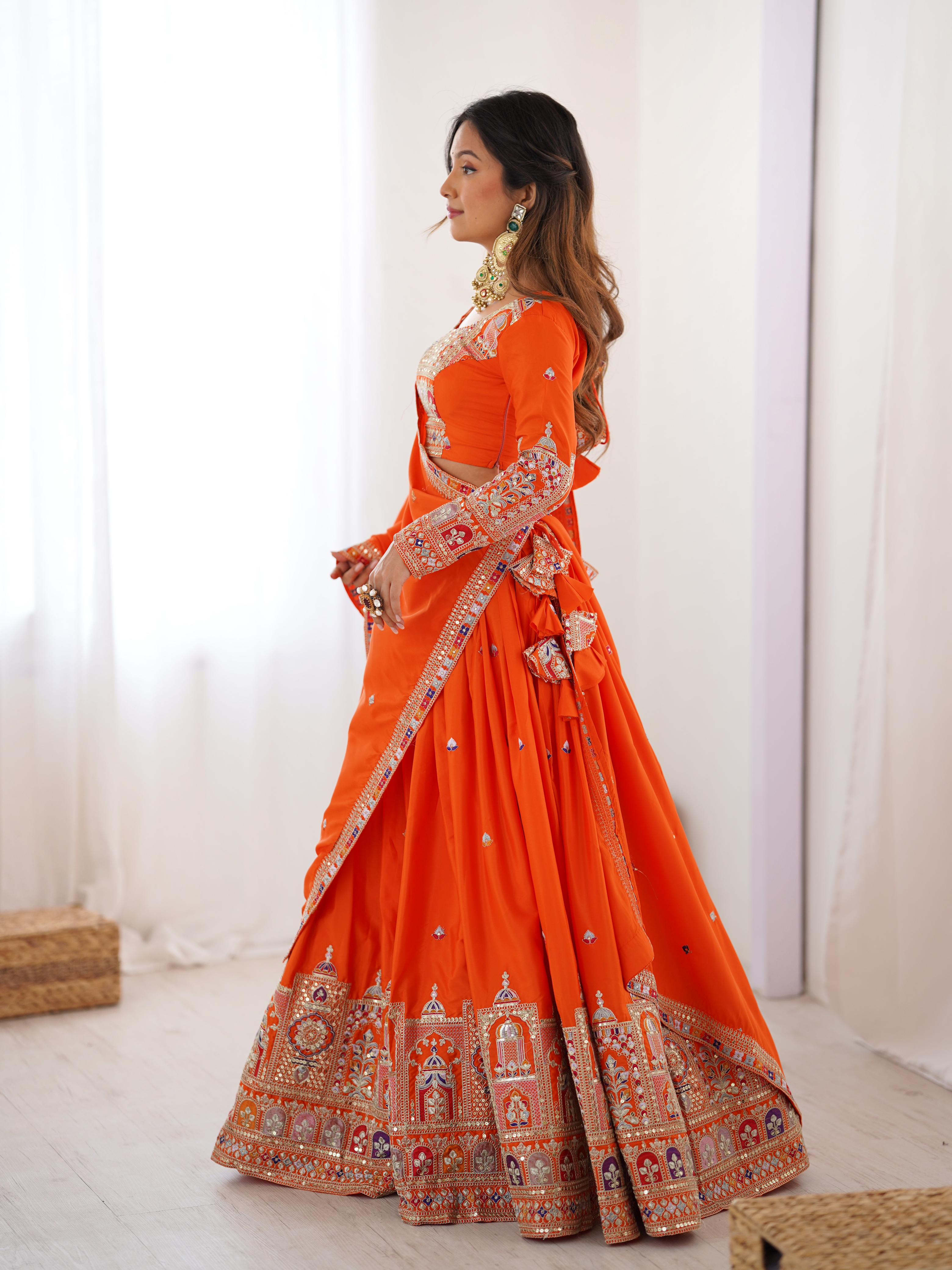Wedding Wear Orange Color Natural Crepe silk Lehenga Choli