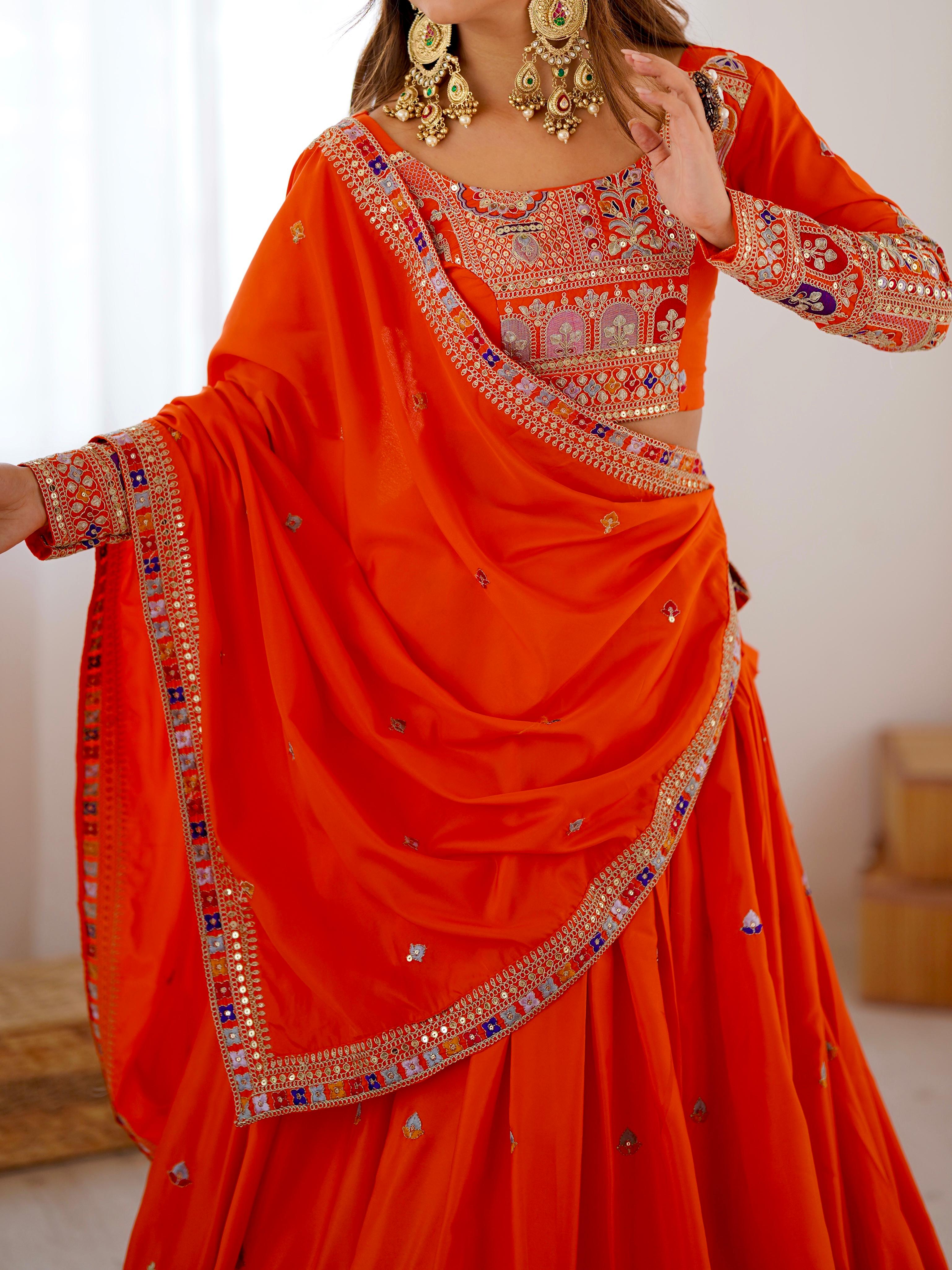 Wedding Wear Orange Color Natural Crepe silk Lehenga Choli