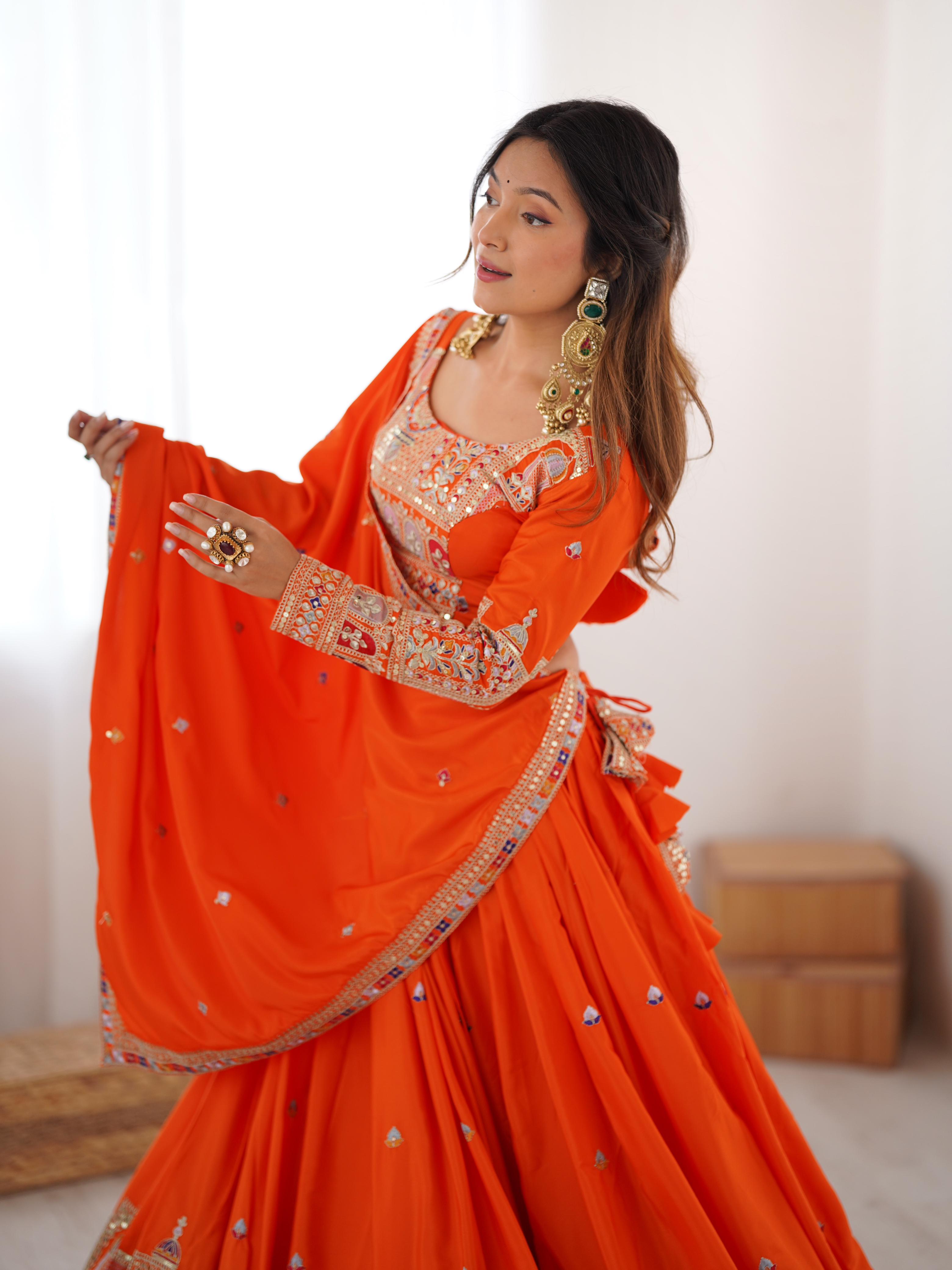 Wedding Wear Orange Color Natural Crepe silk Lehenga Choli