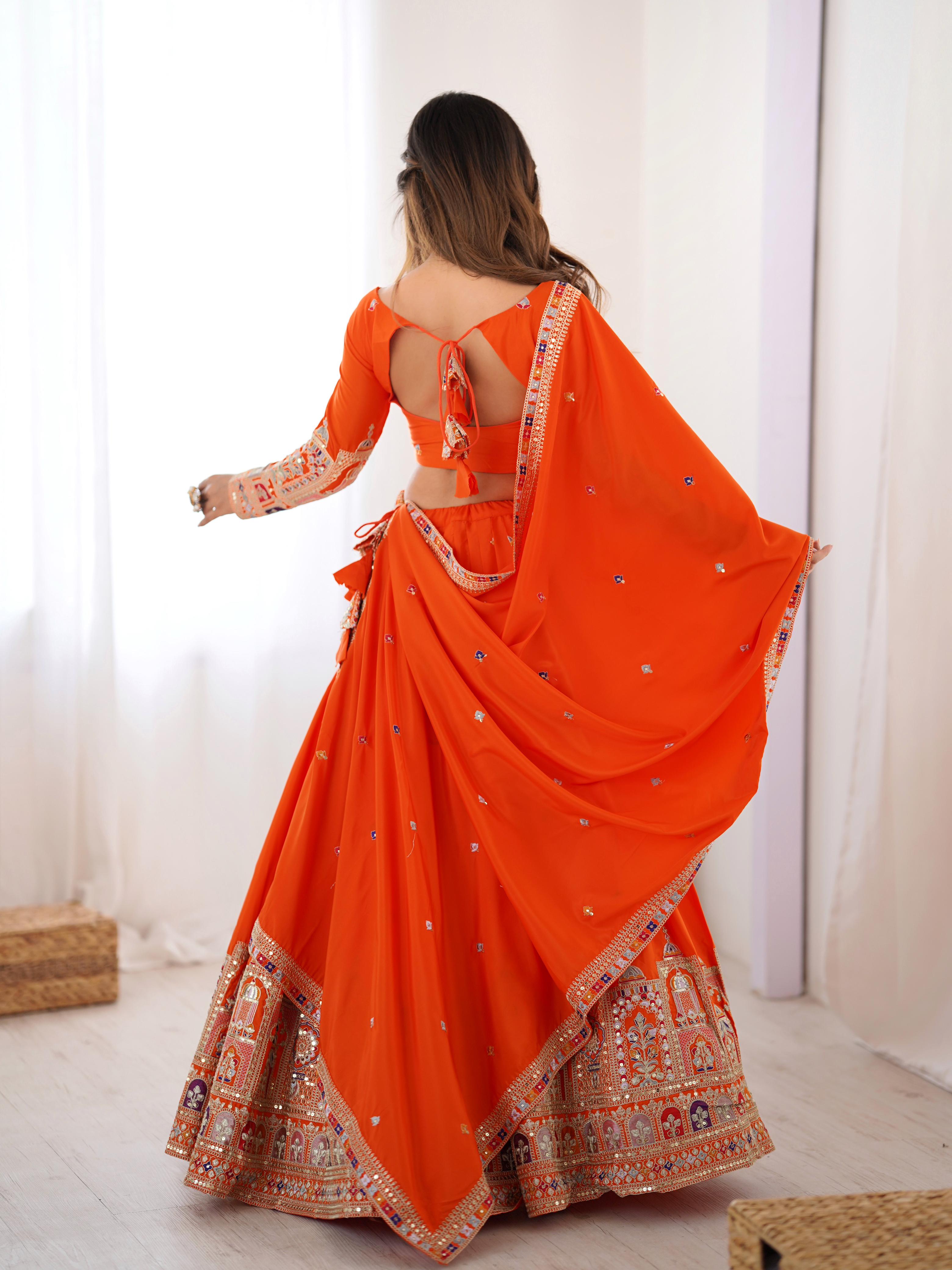 Wedding Wear Orange Color Natural Crepe silk Lehenga Choli