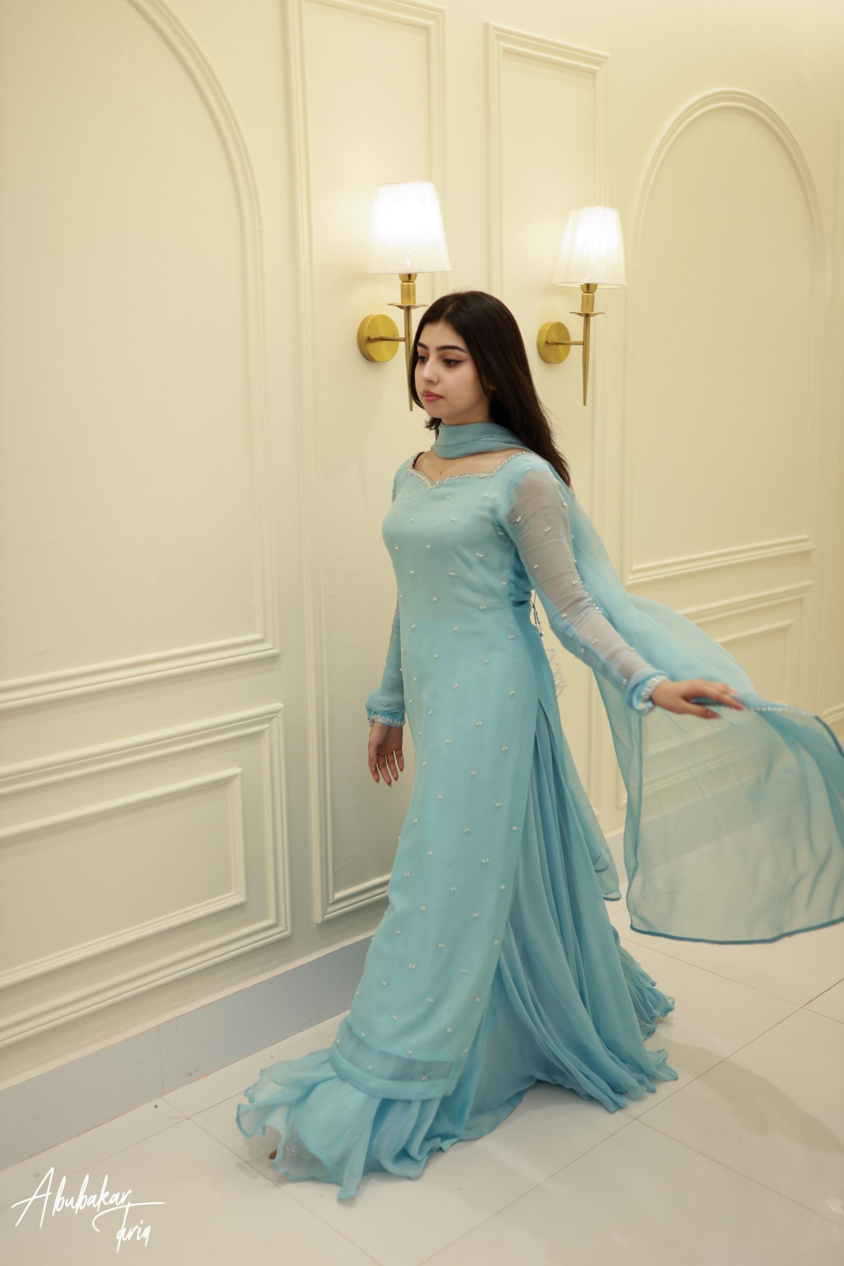 Party Wear Sky Blue Kurta Sharara Set With Dupatta