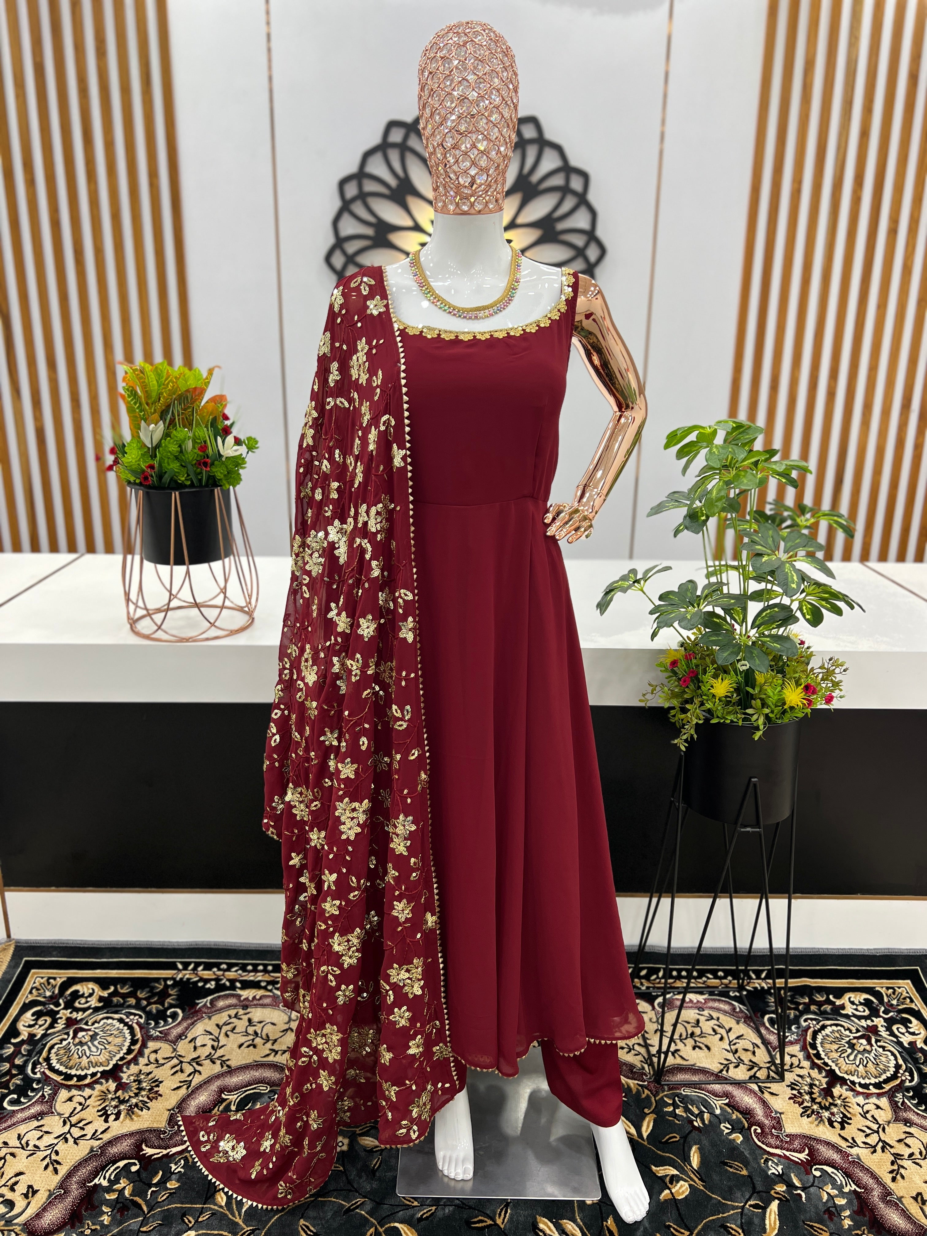 Ceremony Wear Maroon Heavy Faux Georgette Anarkali Gown With Embroidery Sequence Work Dupatta
