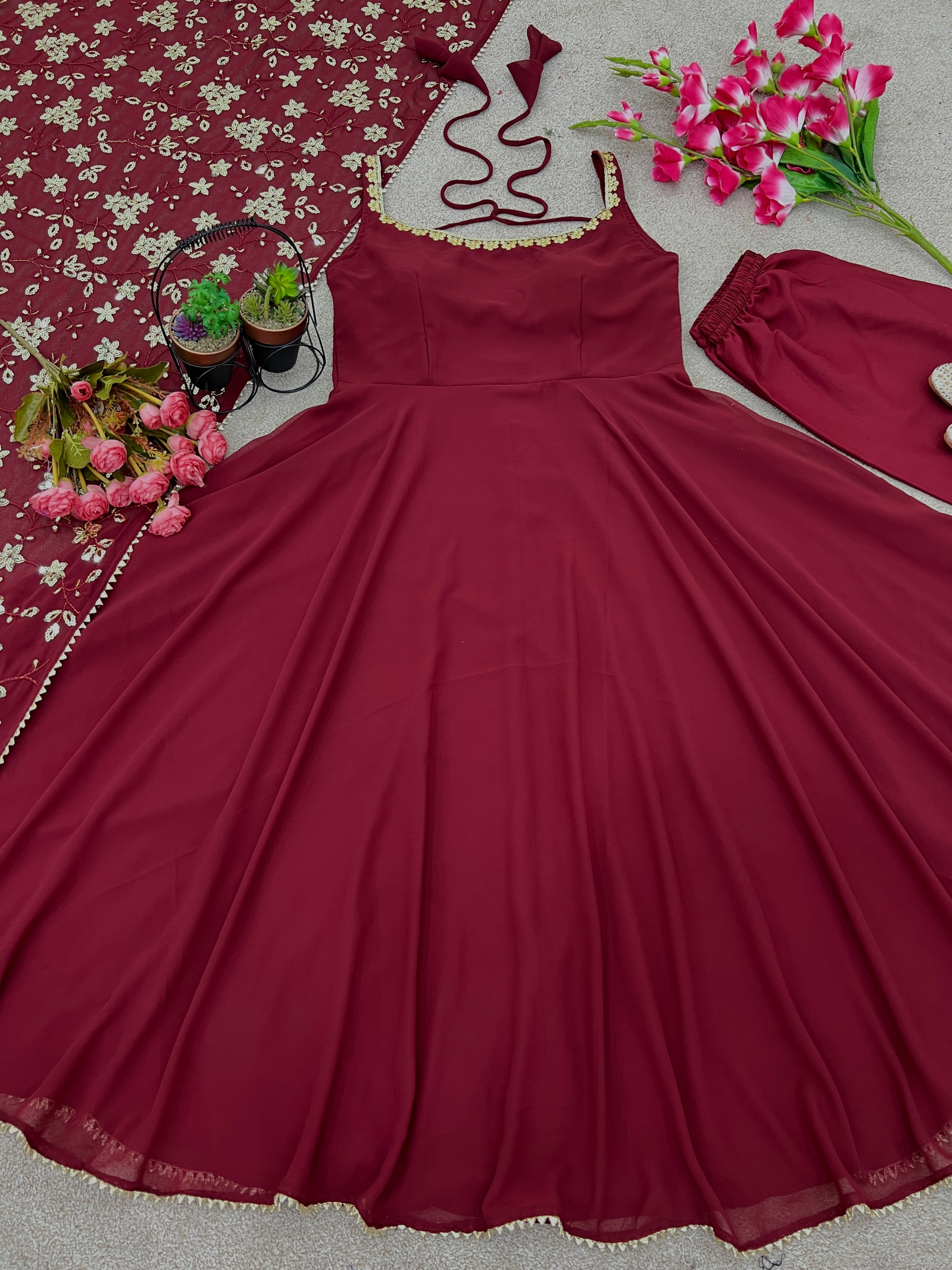 Ceremony Wear Maroon Heavy Faux Georgette Anarkali Gown With Embroidery Sequence Work Dupatta