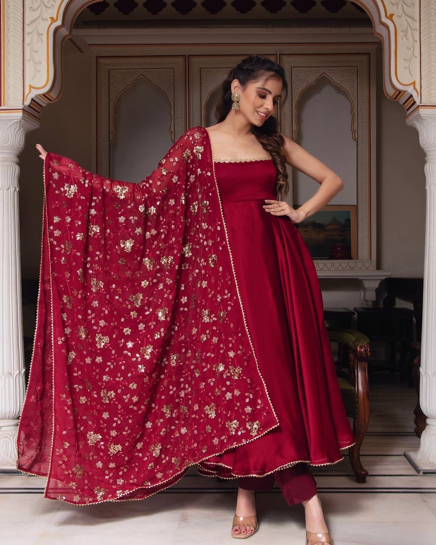 Ceremony Wear Maroon Heavy Faux Georgette Anarkali Gown With Embroidery Sequence Work Dupatta