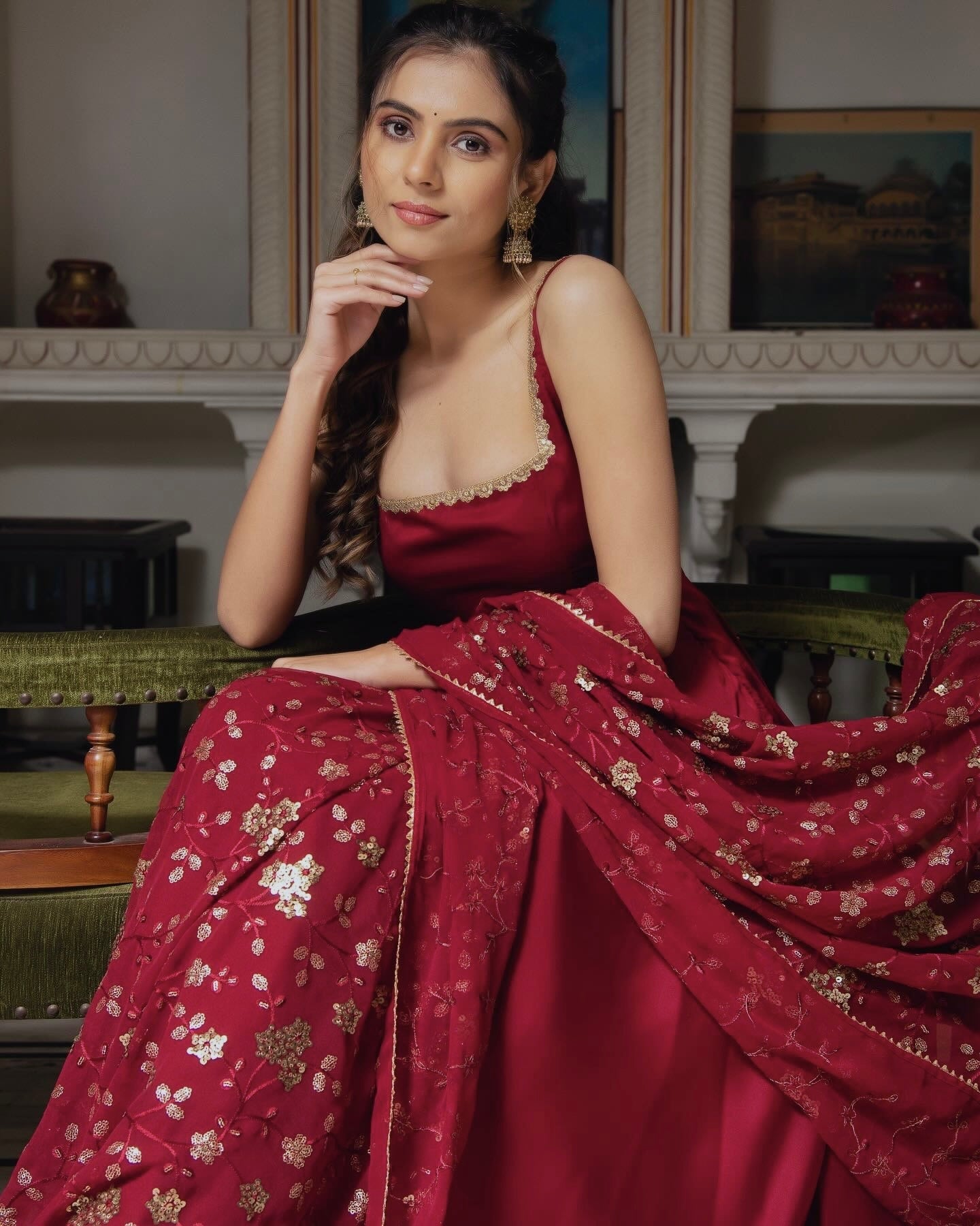 Ceremony Wear Maroon Heavy Faux Georgette Anarkali Gown With Embroidery Sequence Work Dupatta