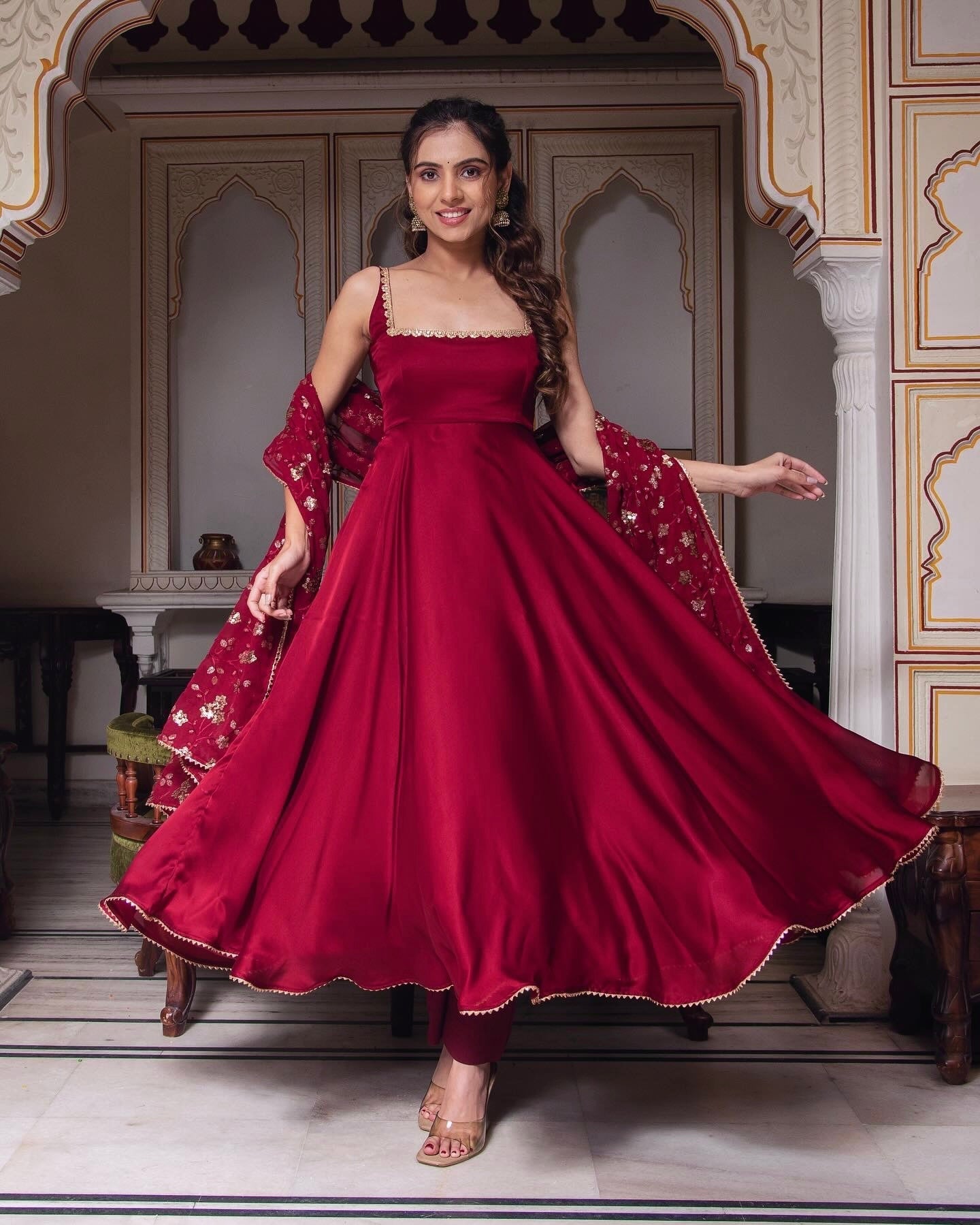 Ceremony Wear Maroon Heavy Faux Georgette Anarkali Gown With Embroidery Sequence Work Dupatta