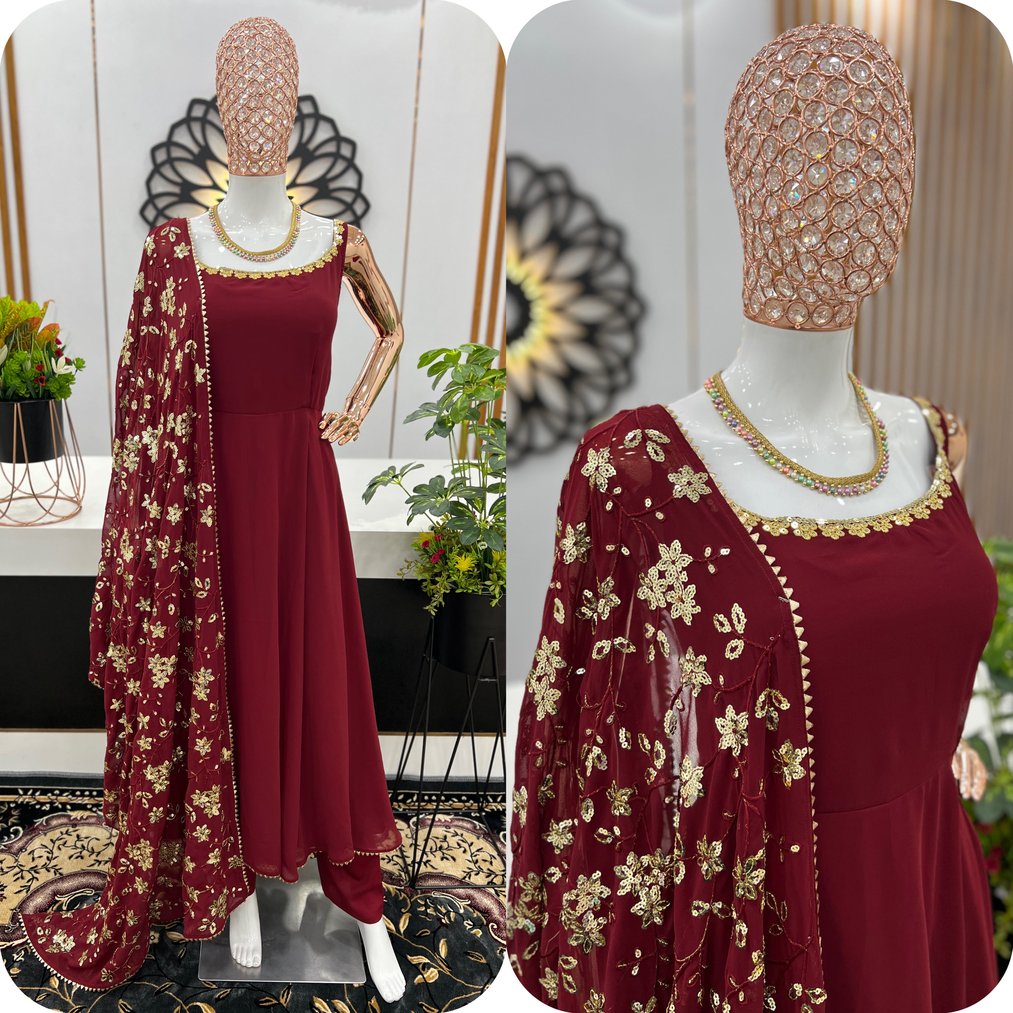 Ceremony Wear Maroon Heavy Faux Georgette Anarkali Gown With Embroidery Sequence Work Dupatta
