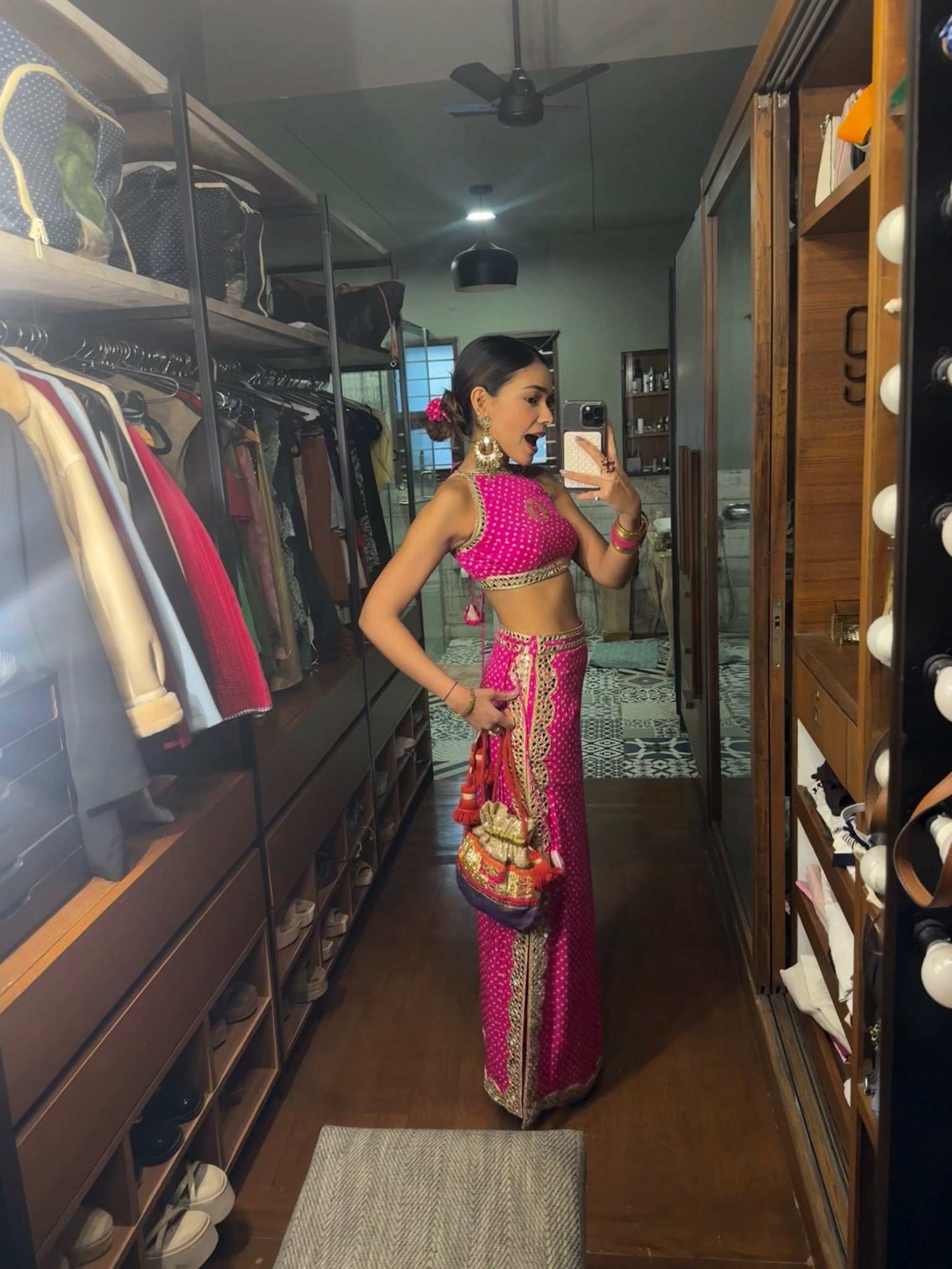 Rani Pink Bandhani Mirror Work Crop Top & Draped Skirt Co-Ord Set for Women | Indo-Western Mehendi Outfit