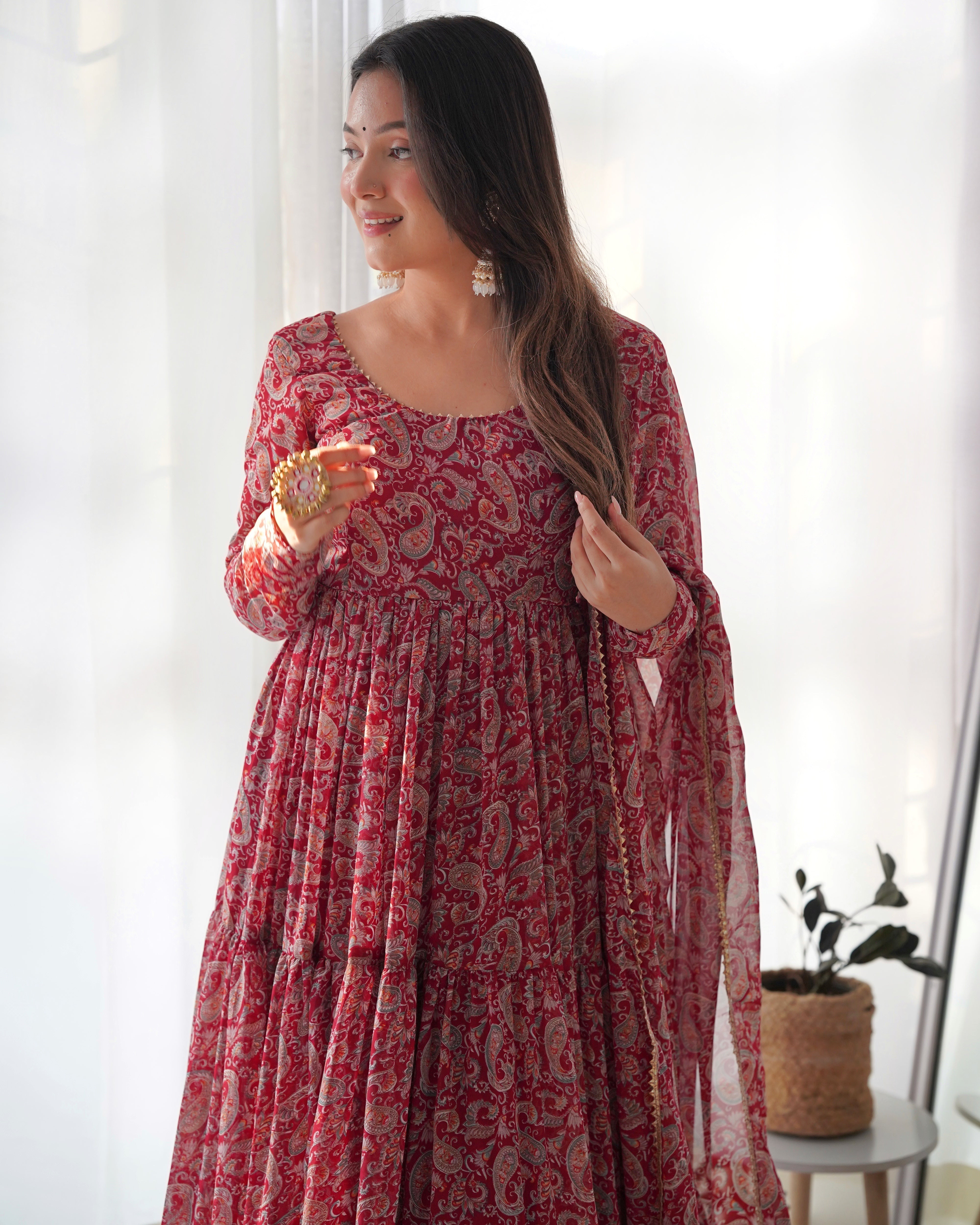 Function Wear Exclusive Maroon Colour Three Piece Anarkali Set