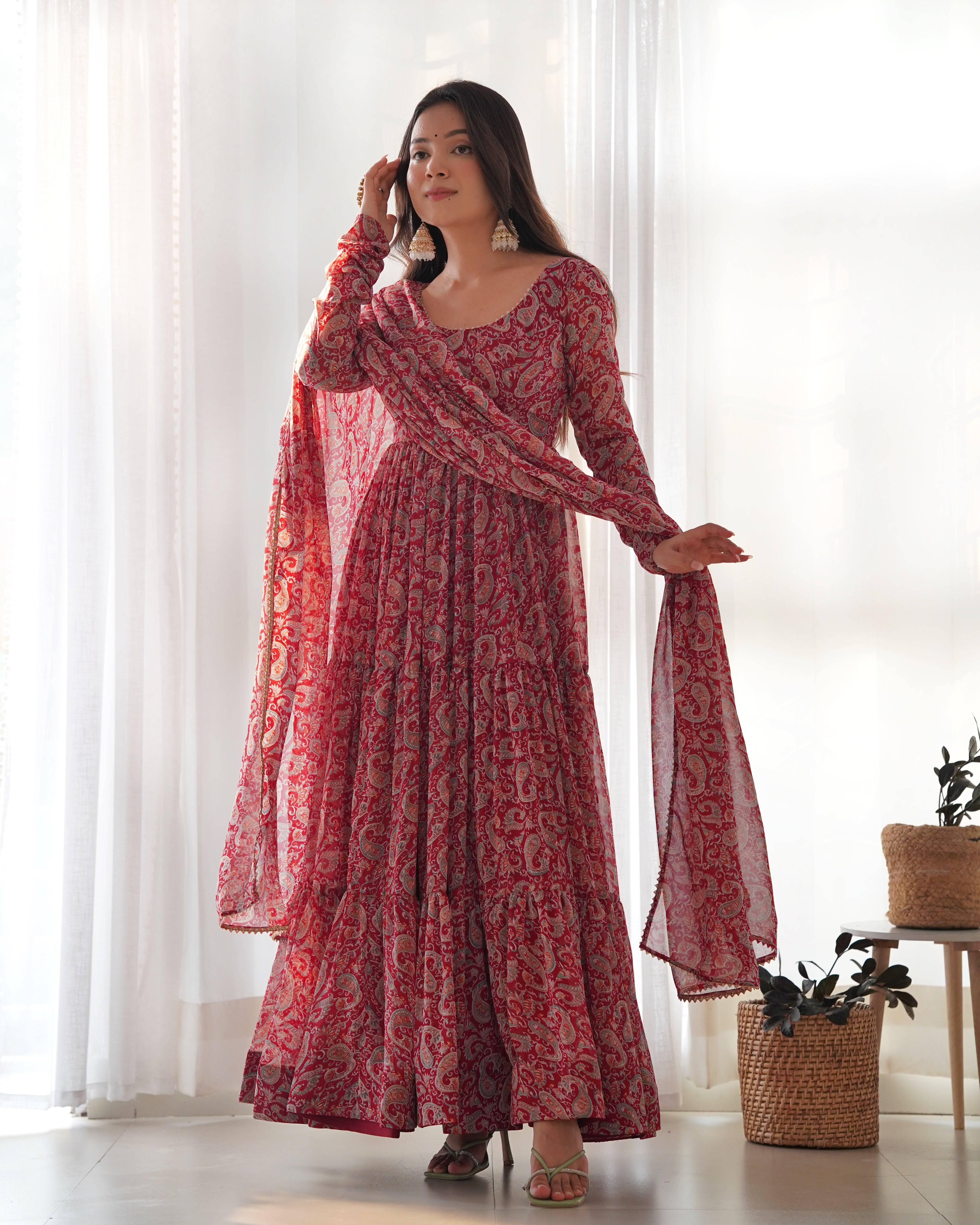 Winsome Faux Georgette Kalamkari Printed Anarkali Pant Suit - INDIAN ELEGANCE