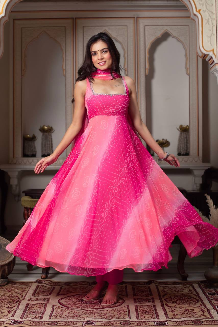 Party Wear Pink Bandhej Style Mirror Work Anarkali Kurti Set