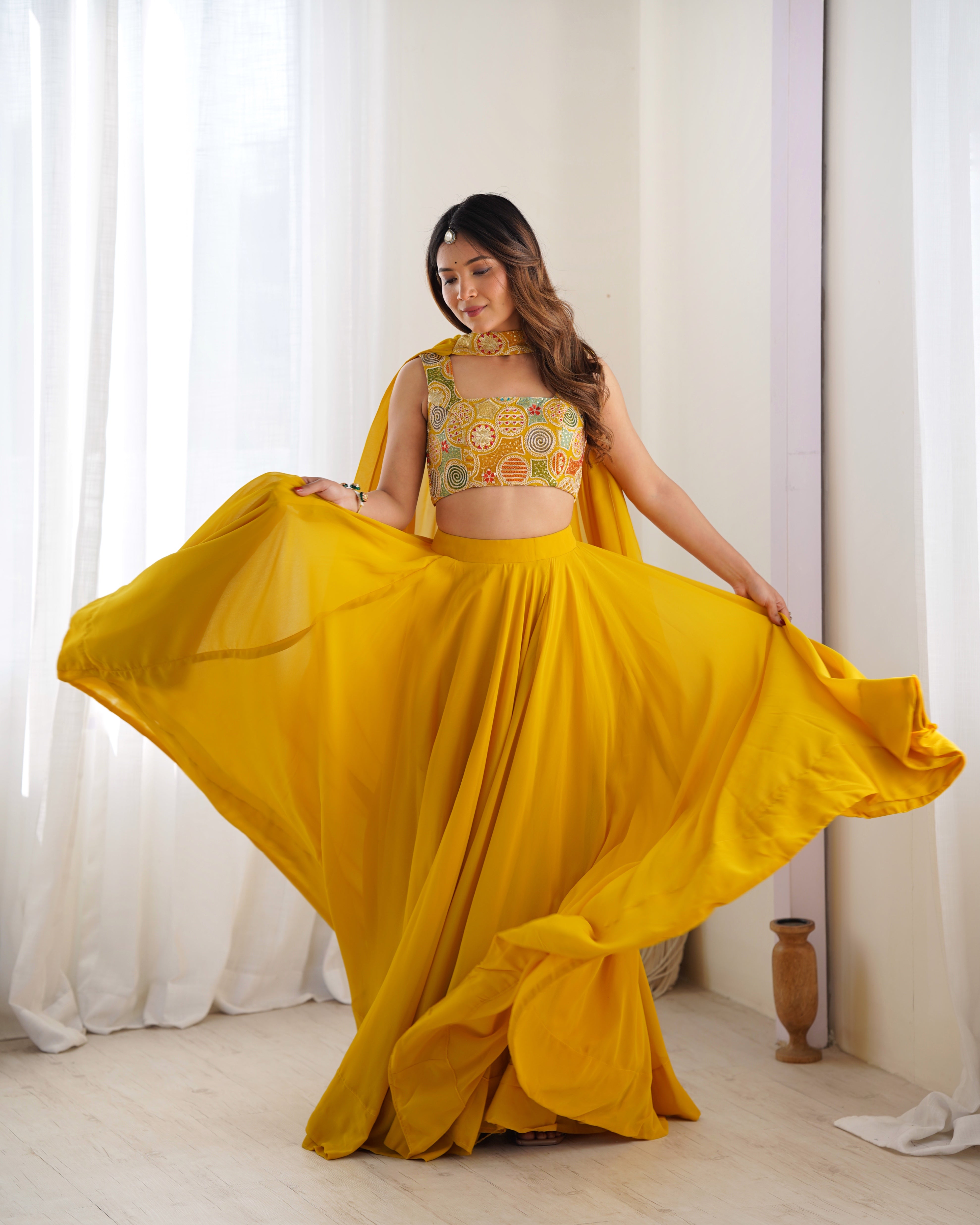 Sangeet Wear Yellow Color Pure Soft Georgette Lehenga Choli