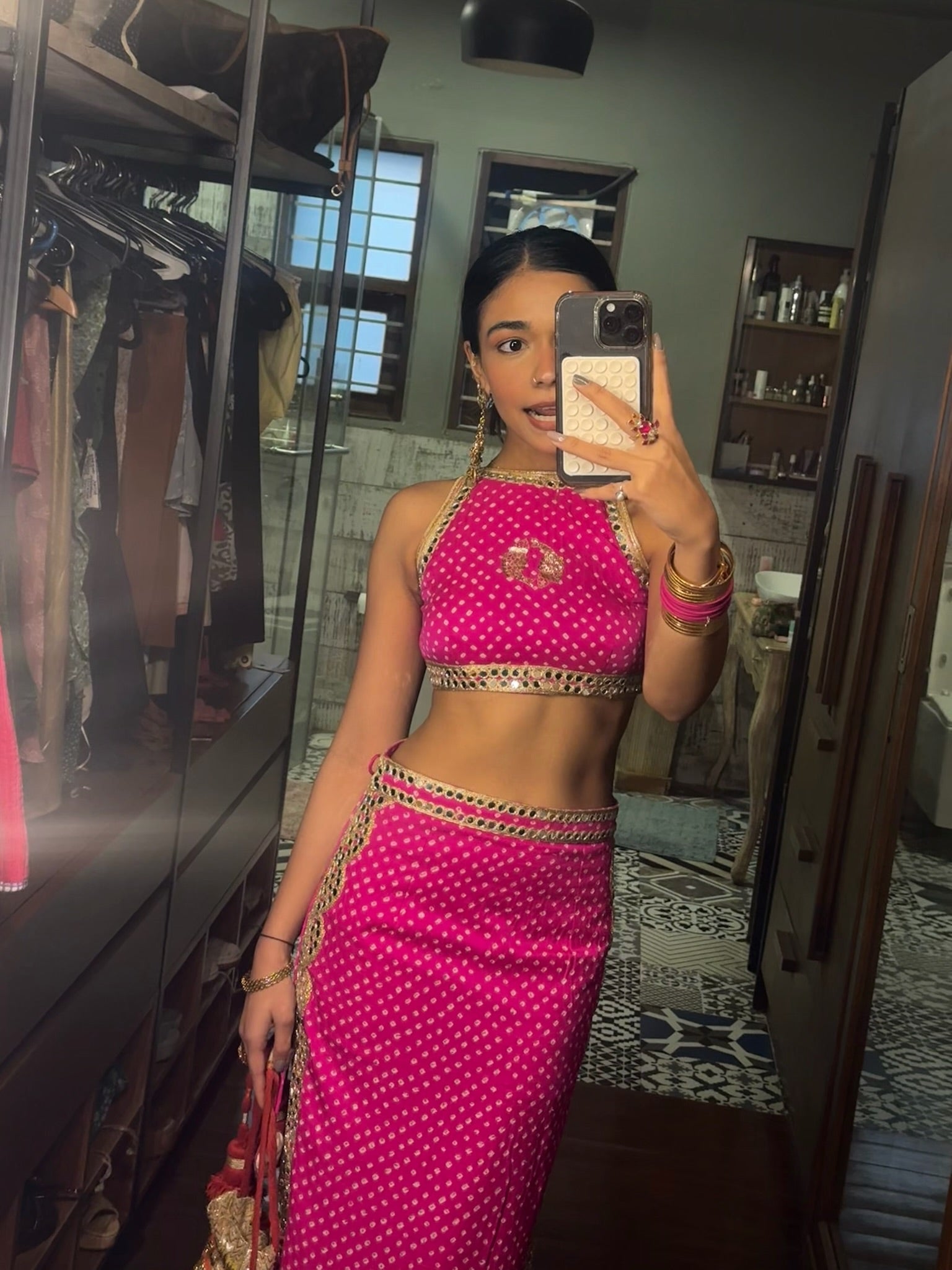 Rani Pink Bandhani Mirror Work Crop Top & Draped Skirt Co-Ord Set for Women | Indo-Western Mehendi Outfit