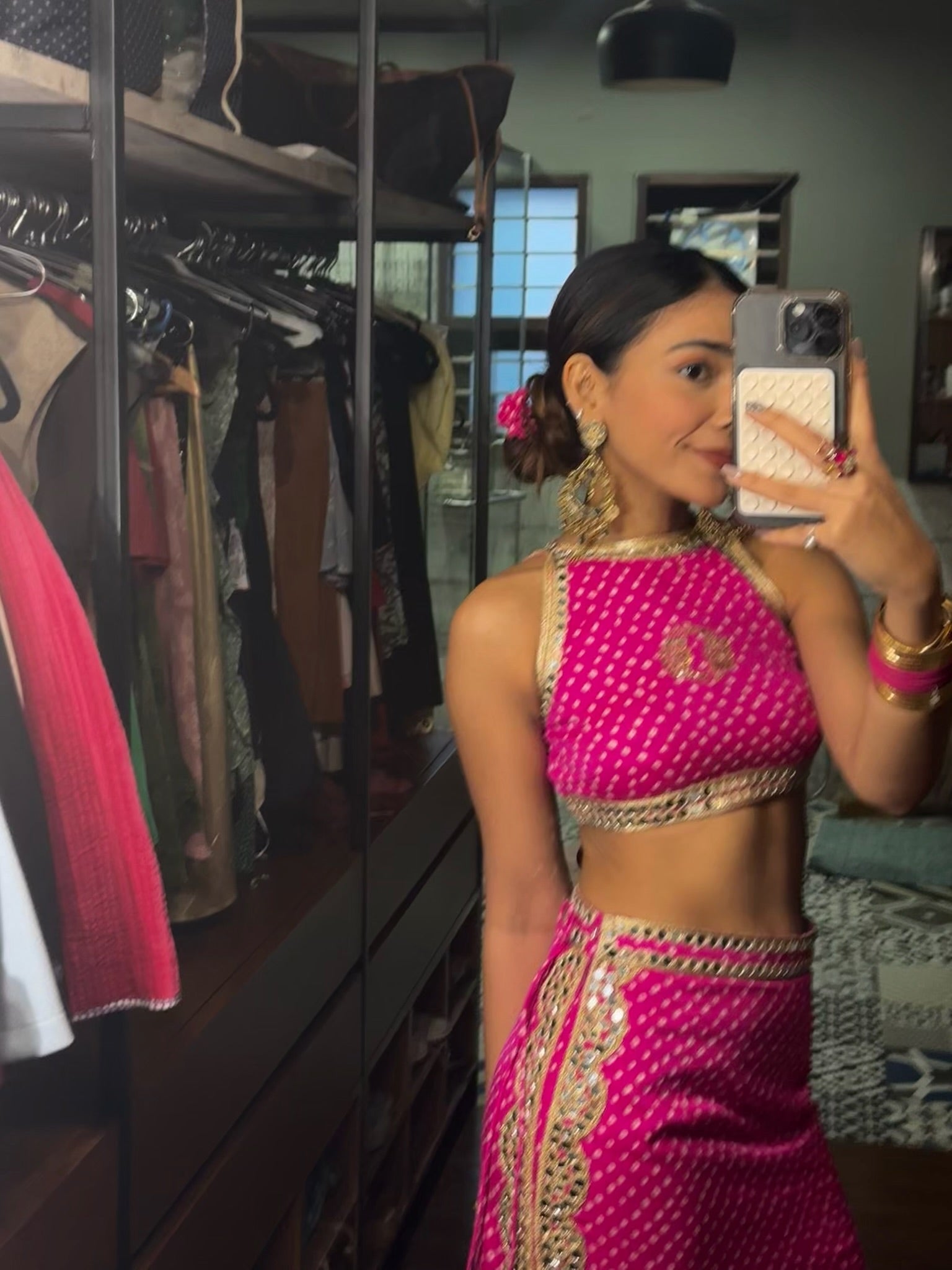 Rani Pink Bandhani Mirror Work Crop Top & Draped Skirt Co-Ord Set for Women | Indo-Western Mehendi Outfit