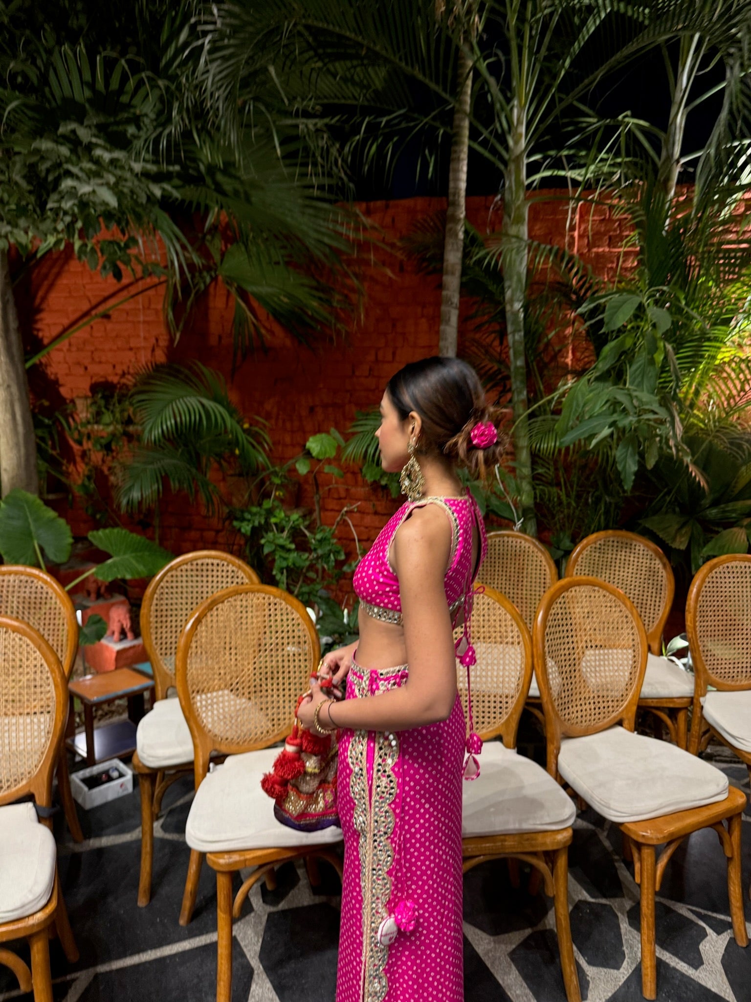 Rani Pink Bandhani Mirror Work Crop Top & Draped Skirt Co-Ord Set for Women | Indo-Western Mehendi Outfit
