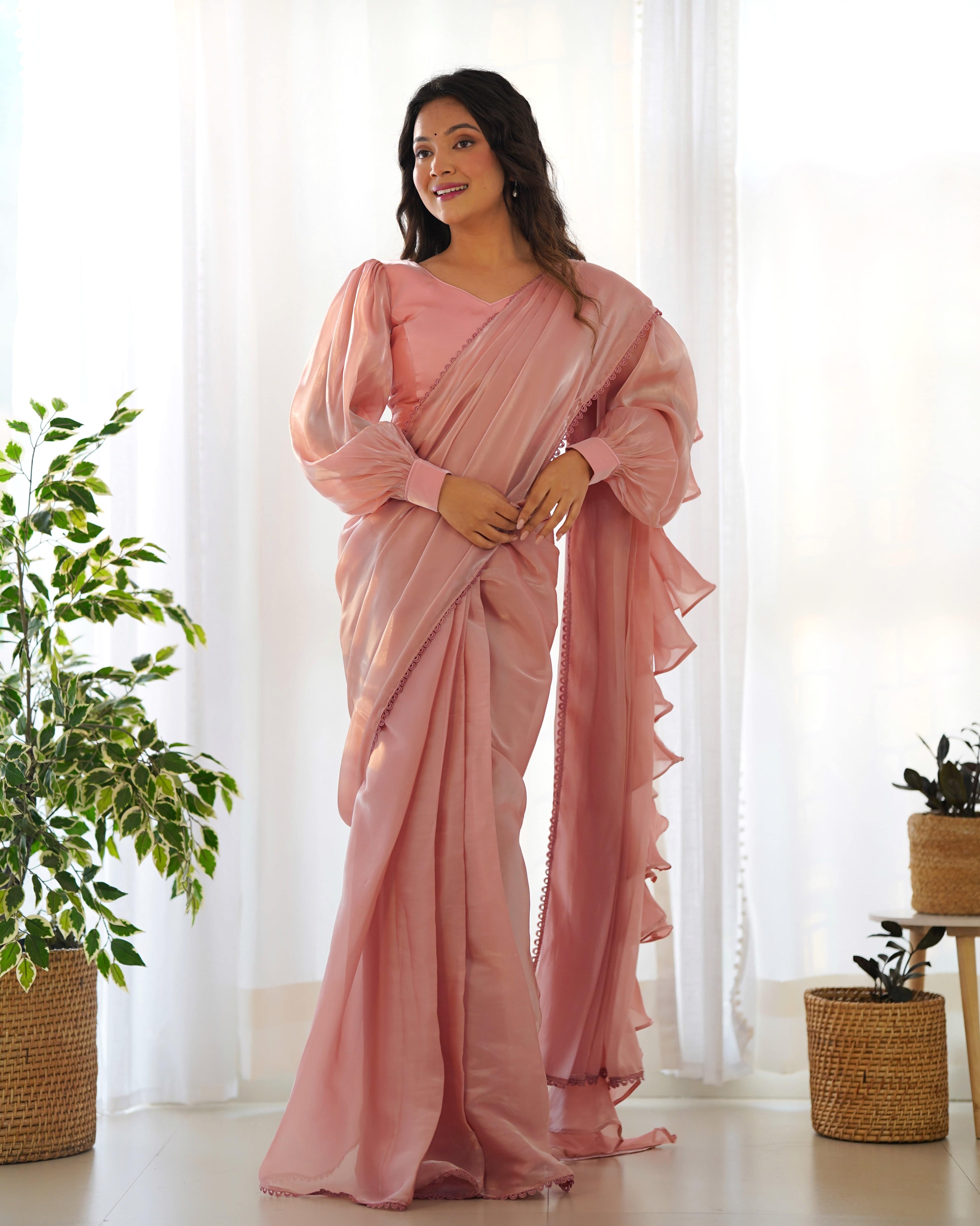 Alluring Jimmi Organza Silk Fully Stitched Ready To Wear Saree - INDIAN ELEGANCE