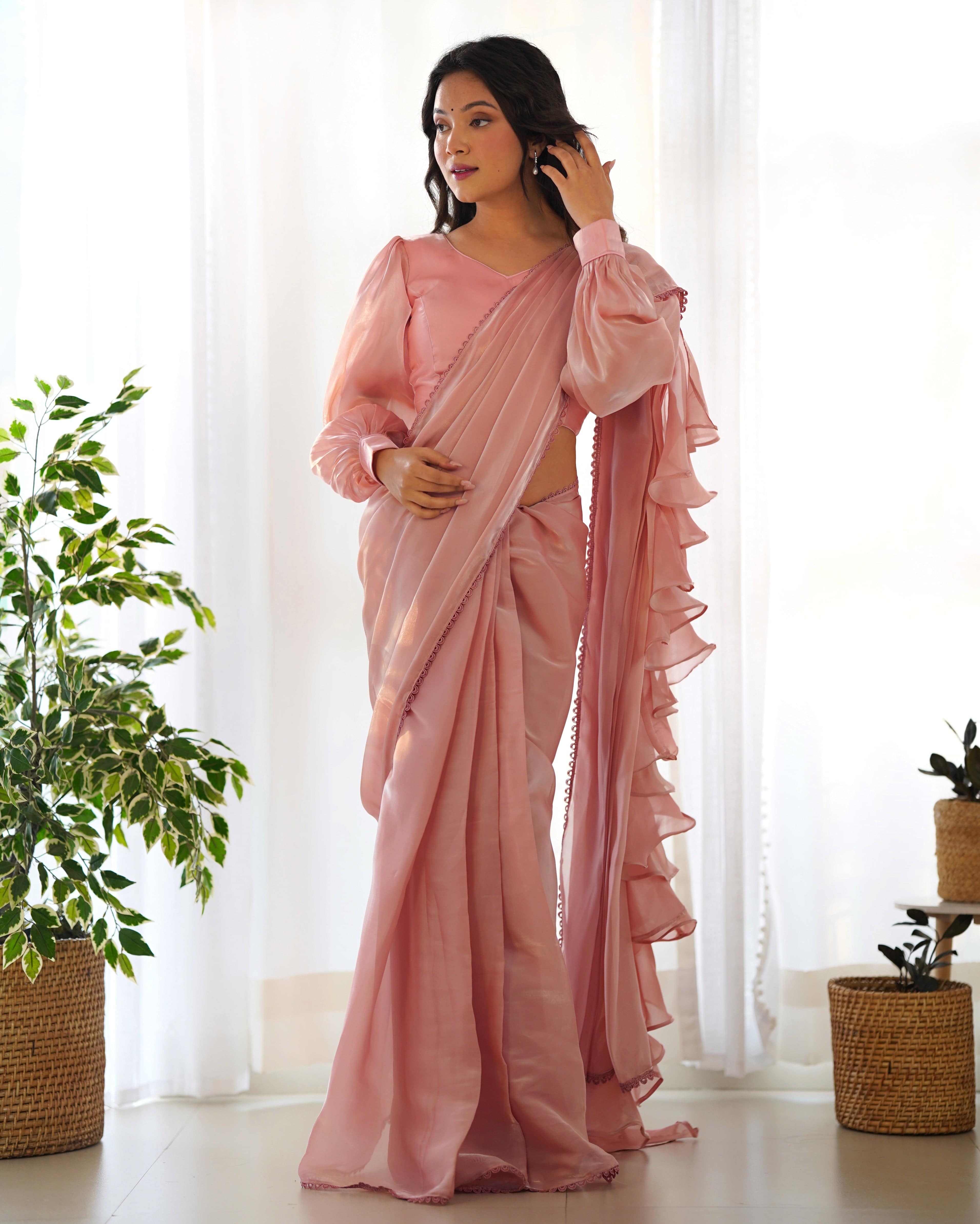 Alluring Jimmi Organza Silk Fully Stitched Ready To Wear Saree - INDIAN ELEGANCE