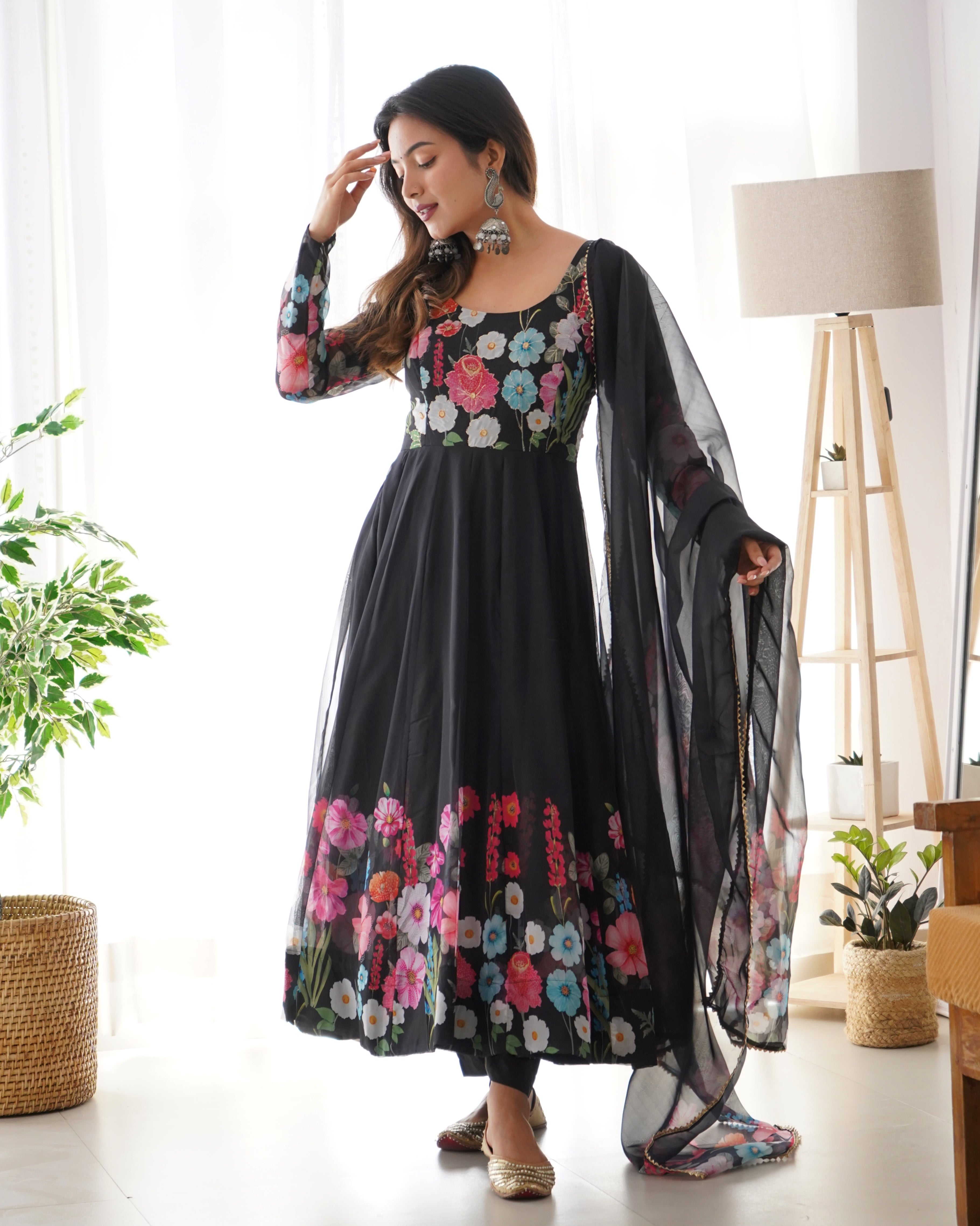 Festive Ethereal Charm Soft Floral Organza Anarkali With Dupatta And Pant
