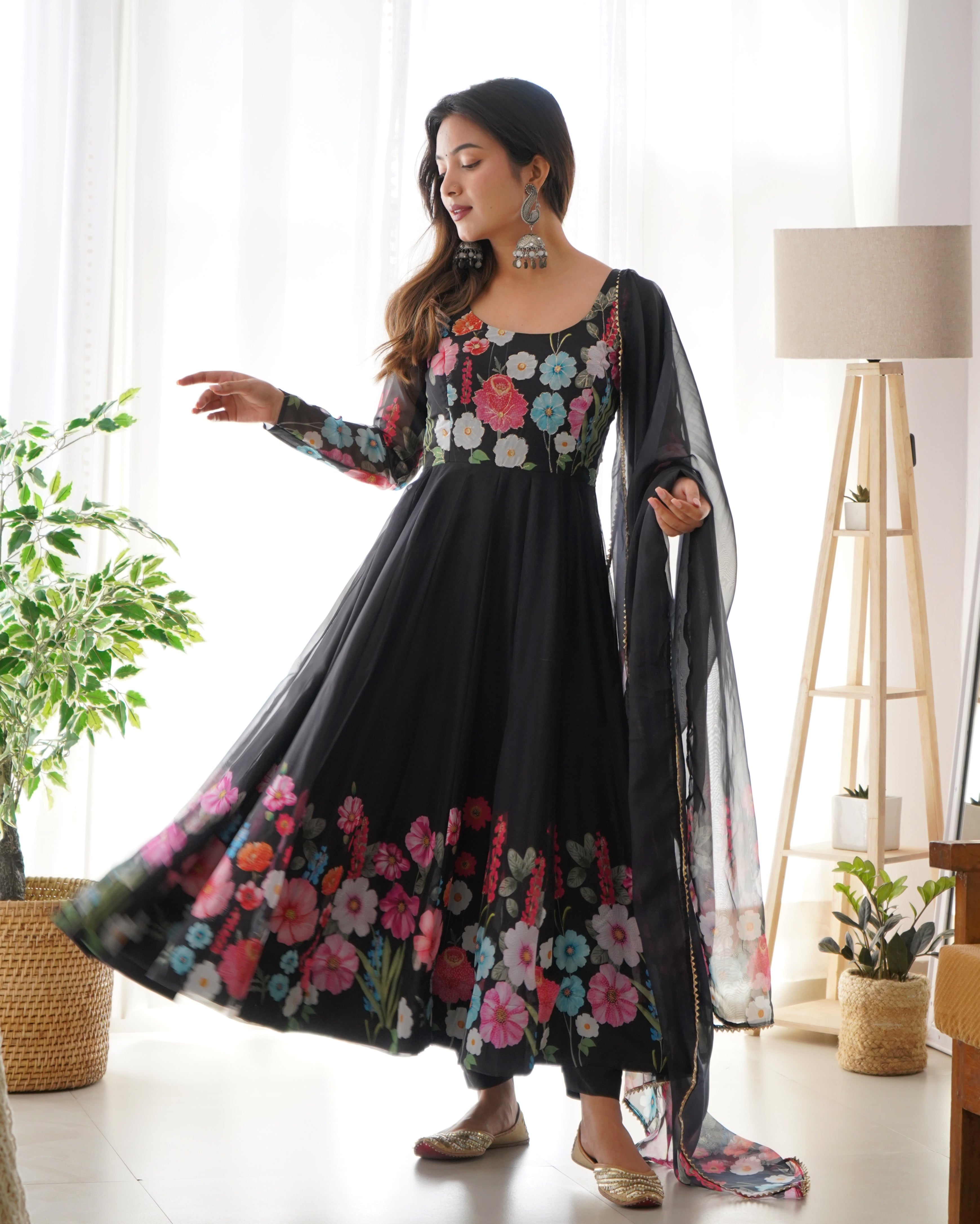 Festive Ethereal Charm Soft Floral Organza Anarkali With Dupatta And Pant