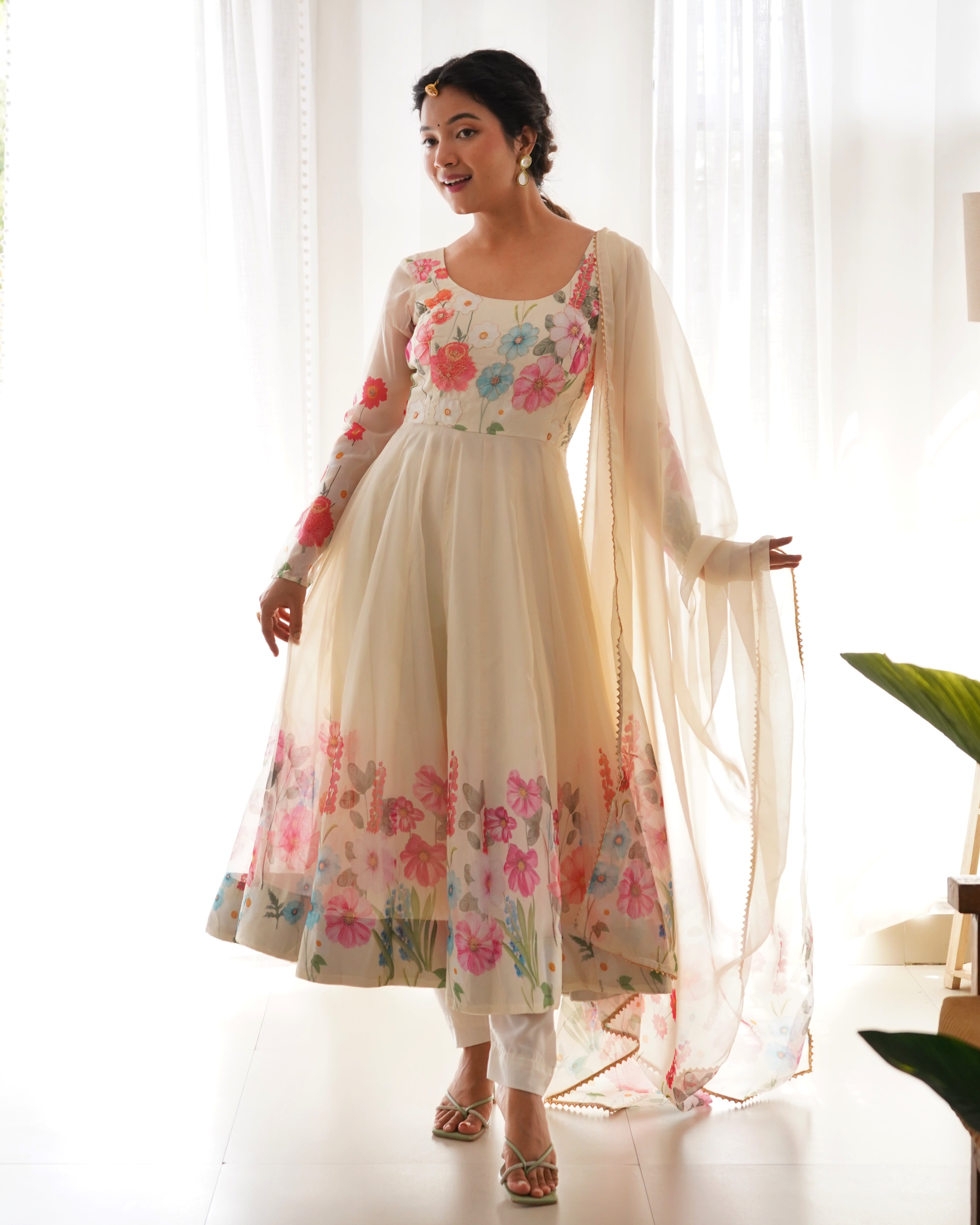 Function Wear Pure Organza Fully Flair Anarkali Kurtis