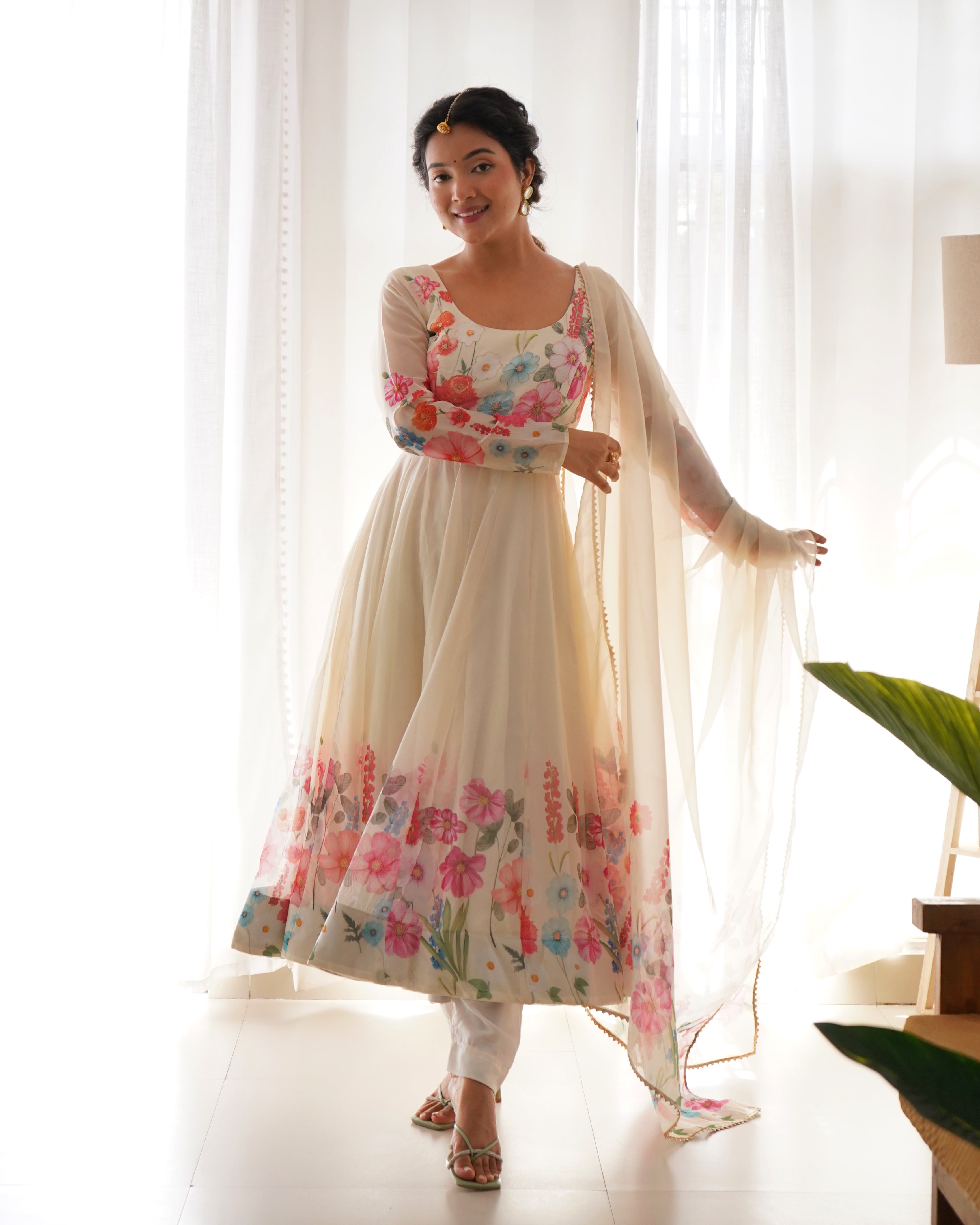 Function Wear Pure Organza Fully Flair Anarkali Kurtis