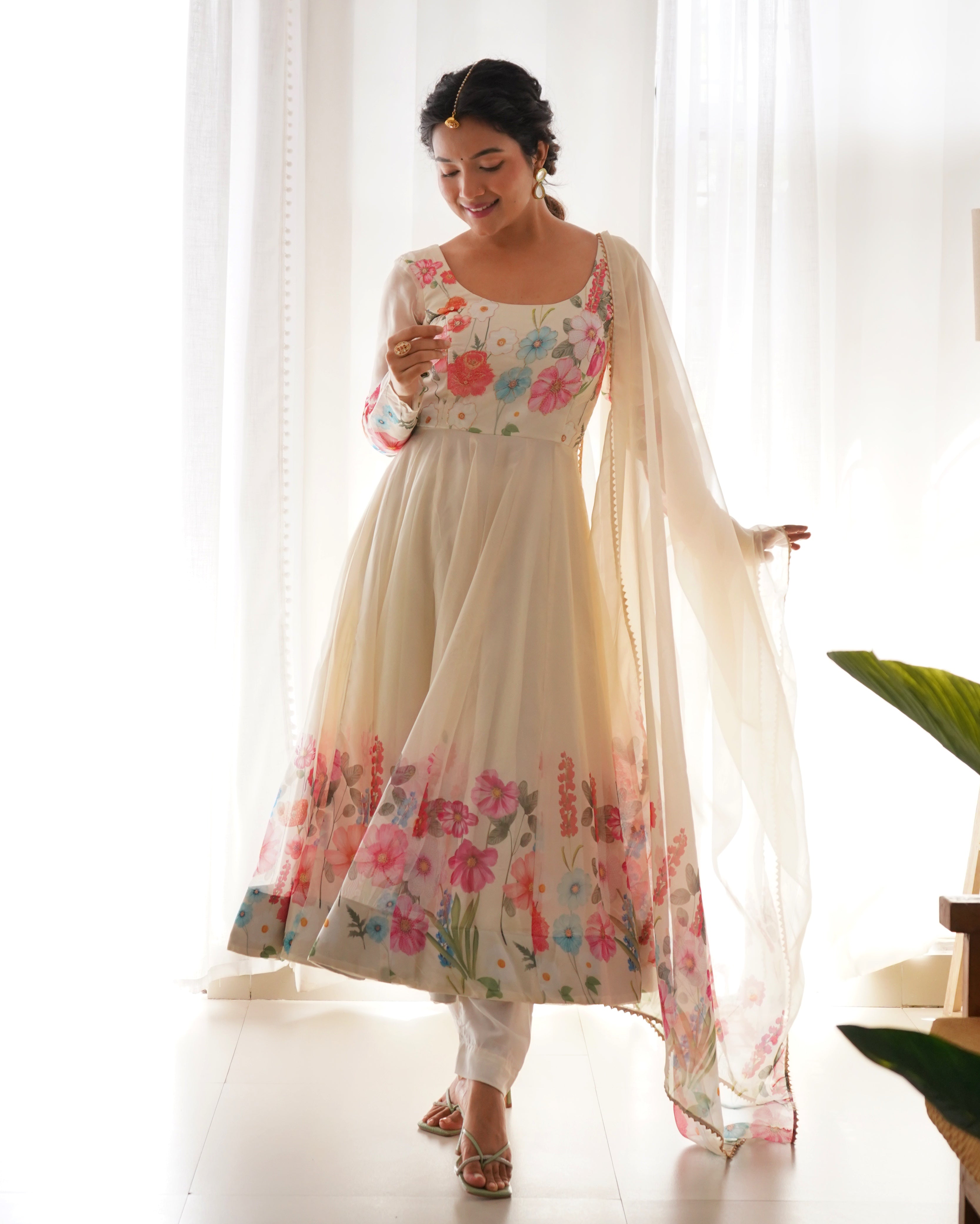 Festive Ethereal Charm Soft Floral Organza Anarkali With Dupatta And Pant