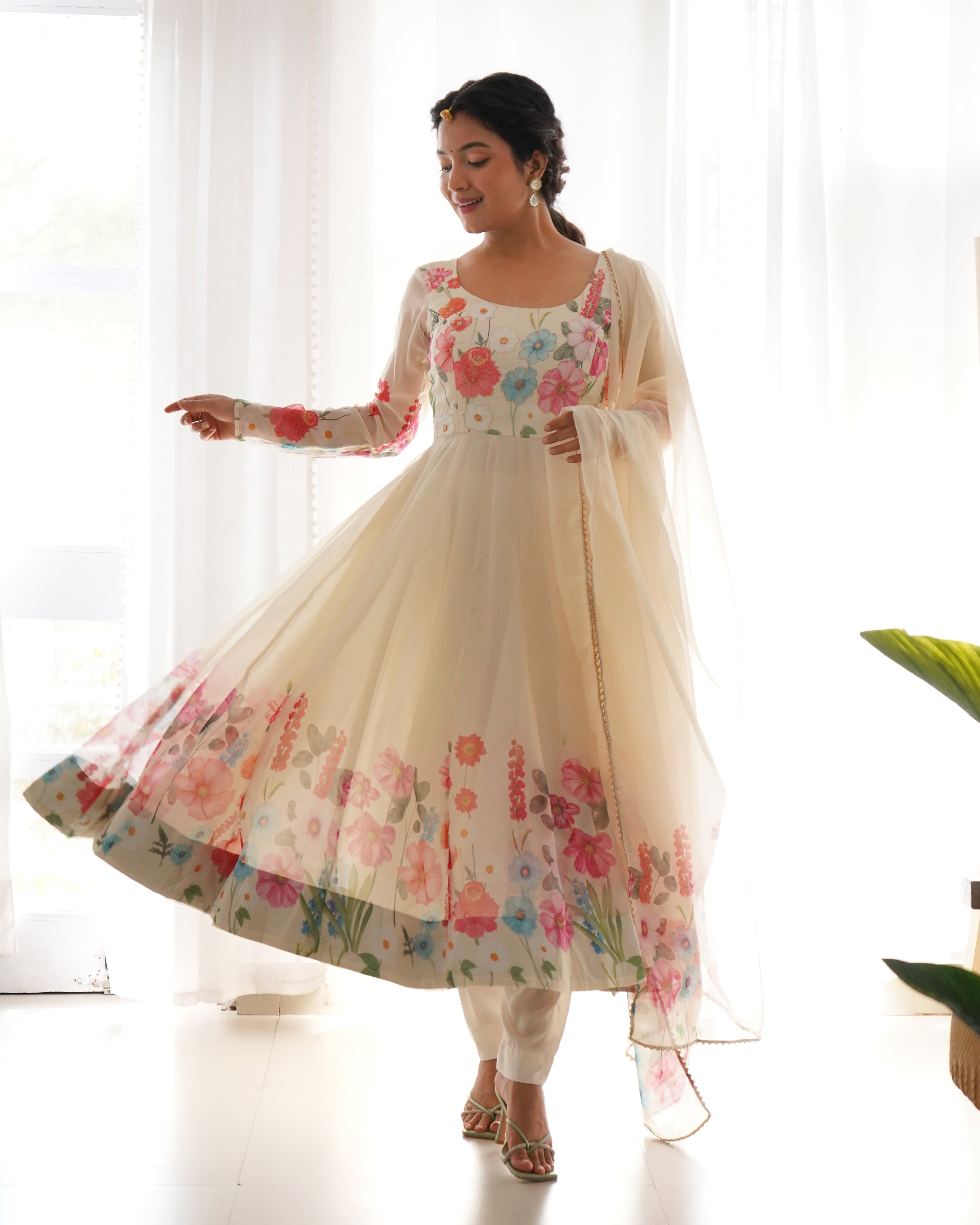 Festive Ethereal Charm Soft Floral Organza Anarkali With Dupatta And Pant