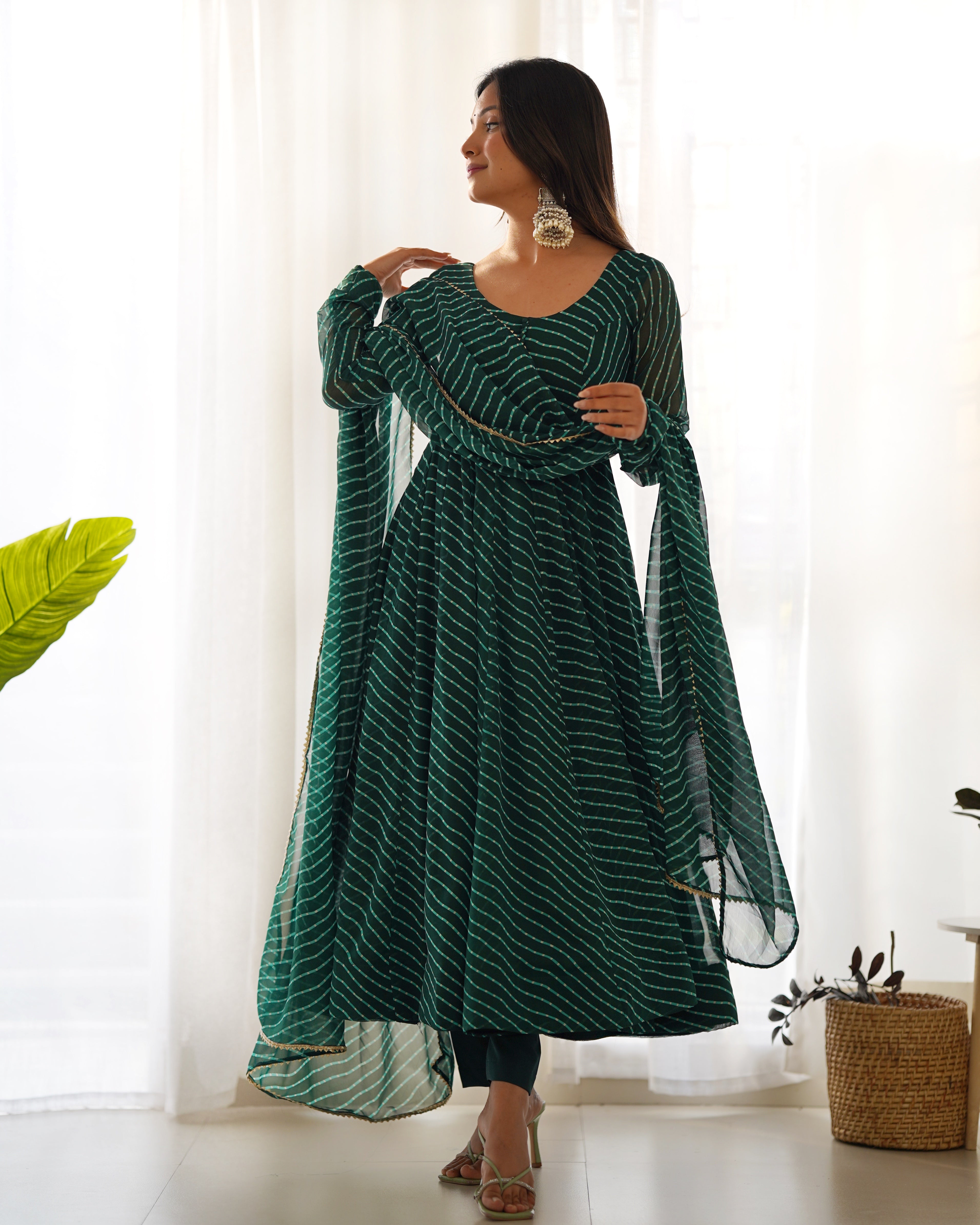 Festive Exclusive Green Colour Laheriya Print Anarkali Set