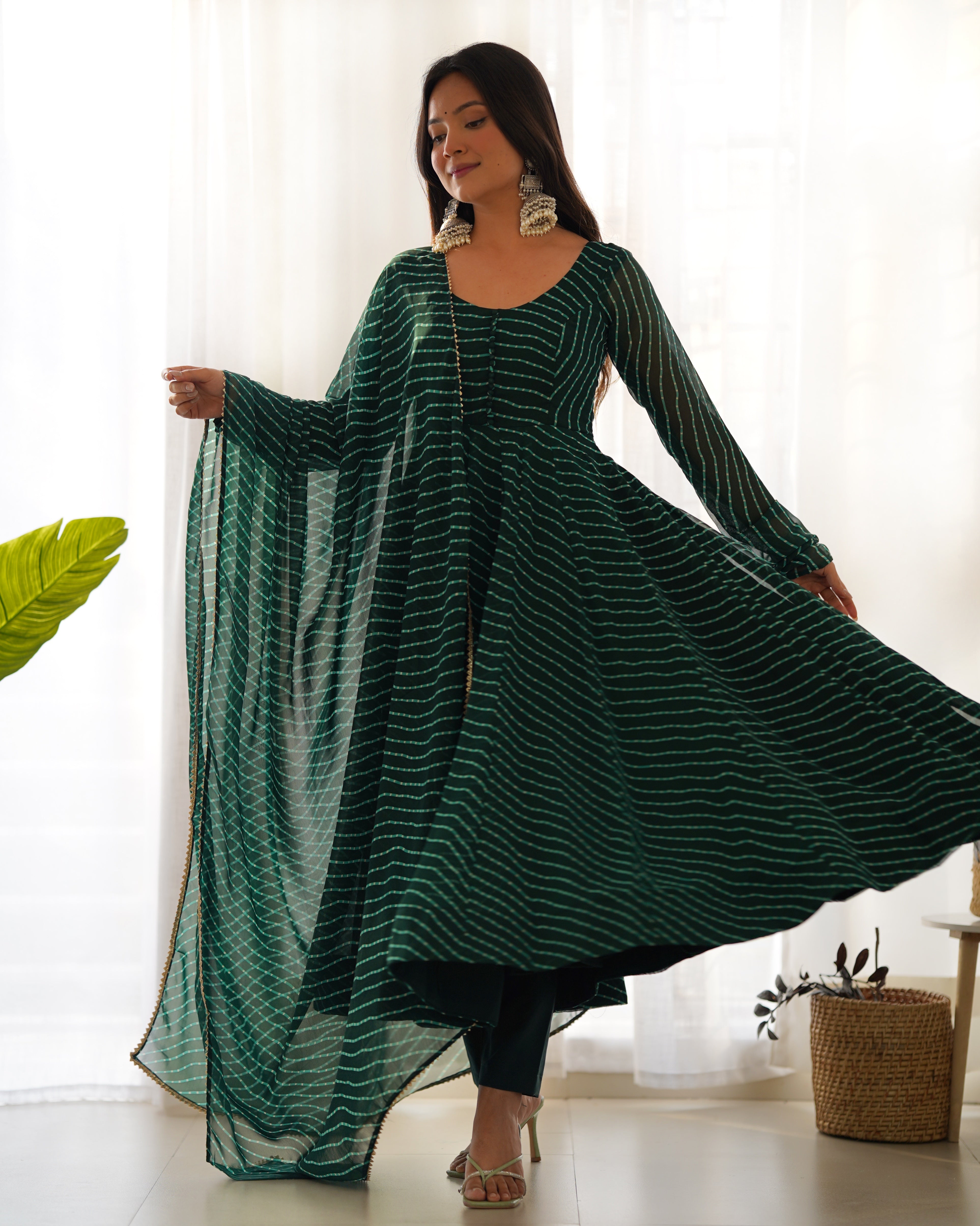 Festive Exclusive Green Colour Laheriya Print Anarkali Set