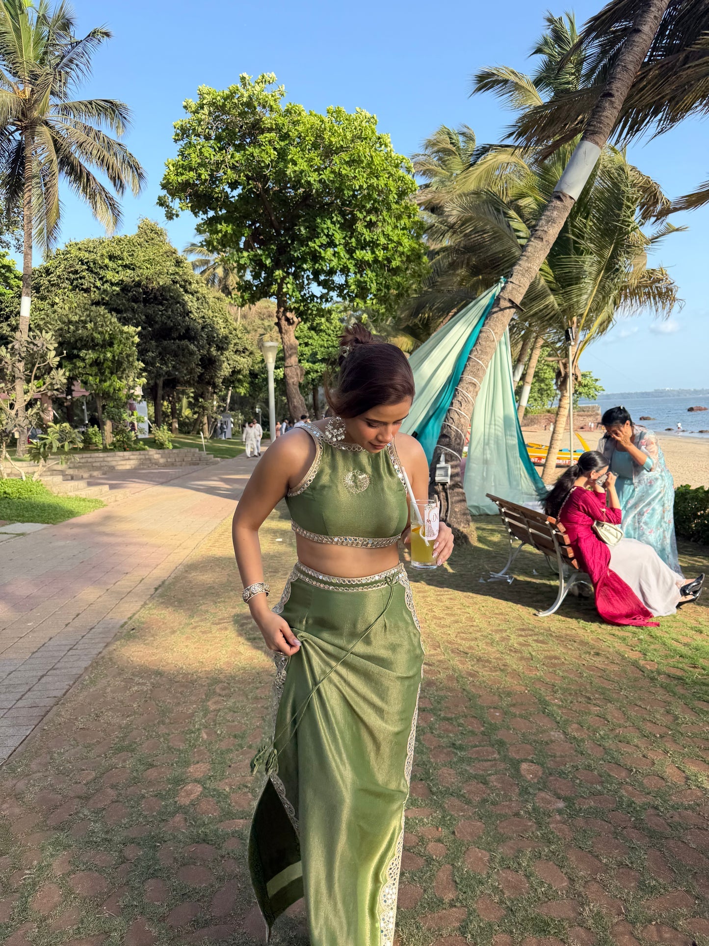 Mehendi Green Tissue Mirror Work Draped Skirt Set for Women