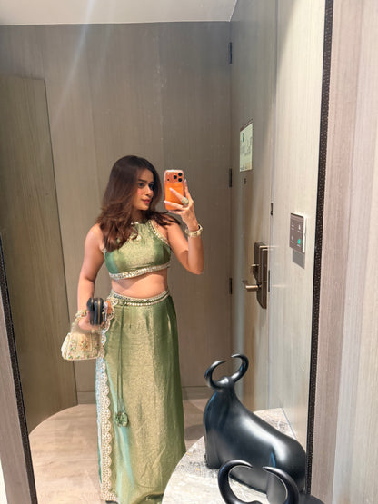 Mehendi Green Tissue Mirror Work Draped Skirt Set for Women