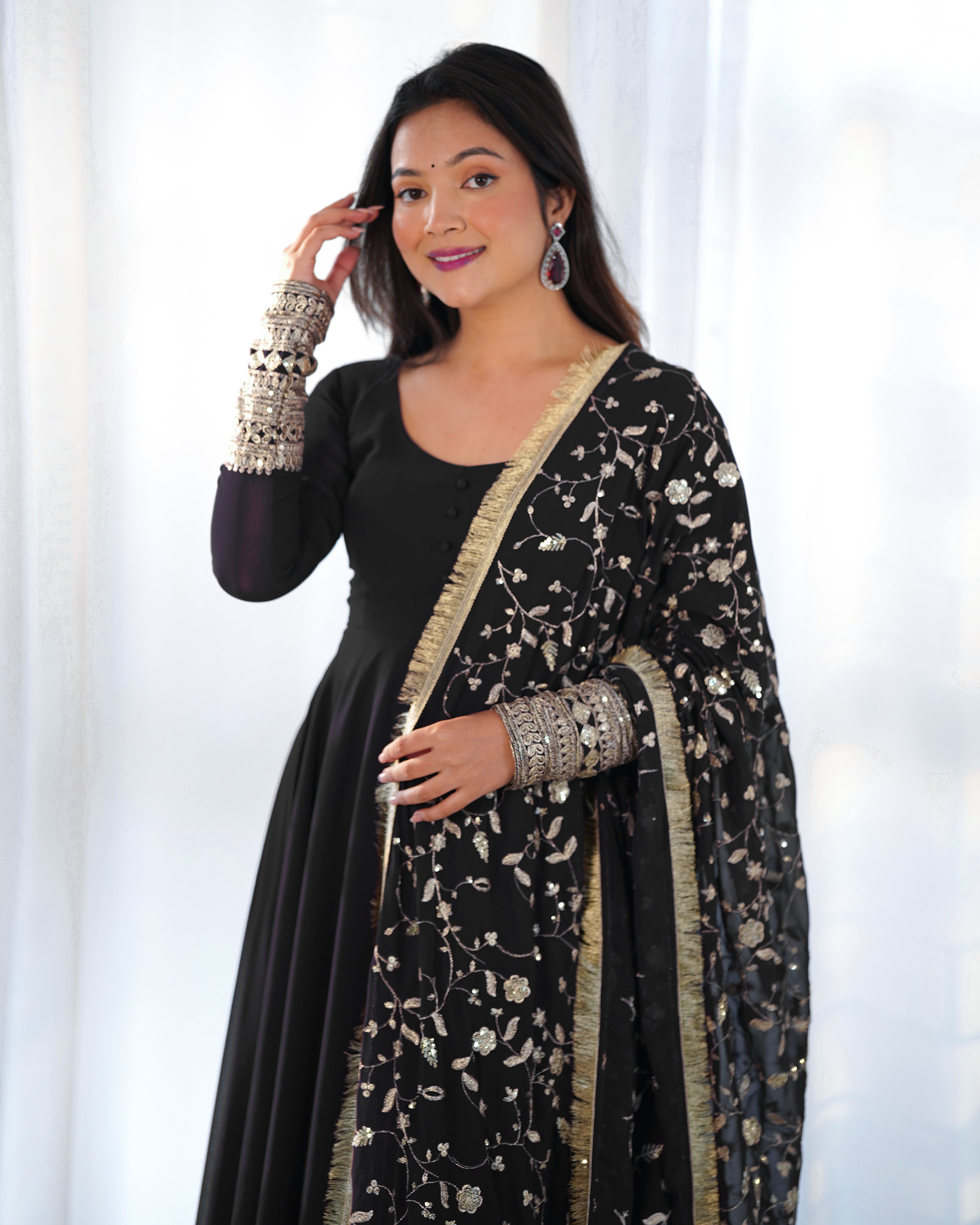 Festive Black Color Soft Georgette With Embroidery Work Dupatta Anarkali Gown