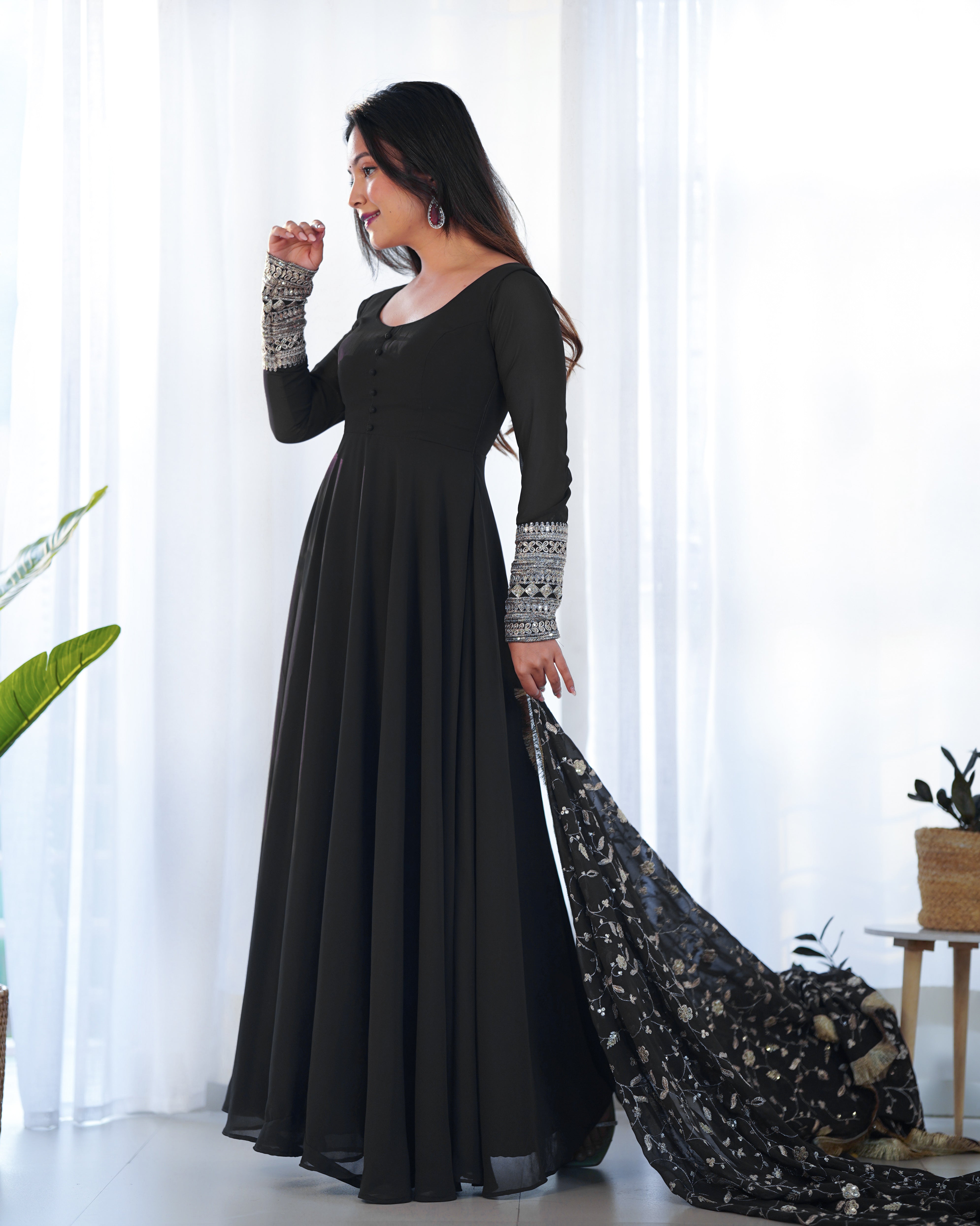 Festive Black Color Soft Georgette With Embroidery Work Dupatta Anarkali Gown